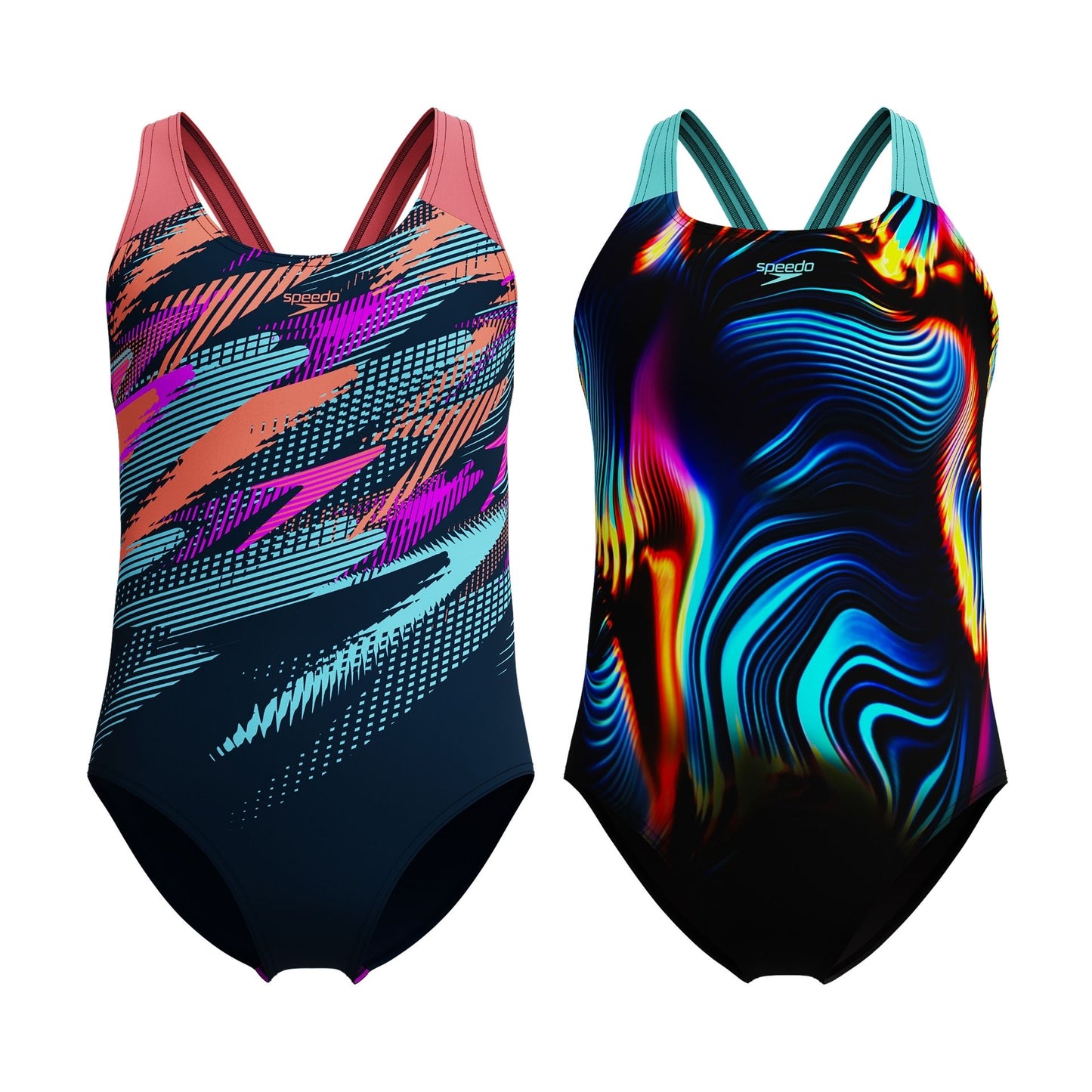 Speedo digital placement splashback junior swimsuit in vibrant colors, designed for young swimmers, with digital print details.