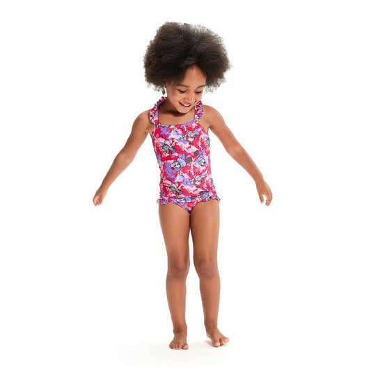 Speedo LTS Printed Frill Thinstrap Infant Swimsuit with colorful floral pattern and ruffled details, designed for young children.