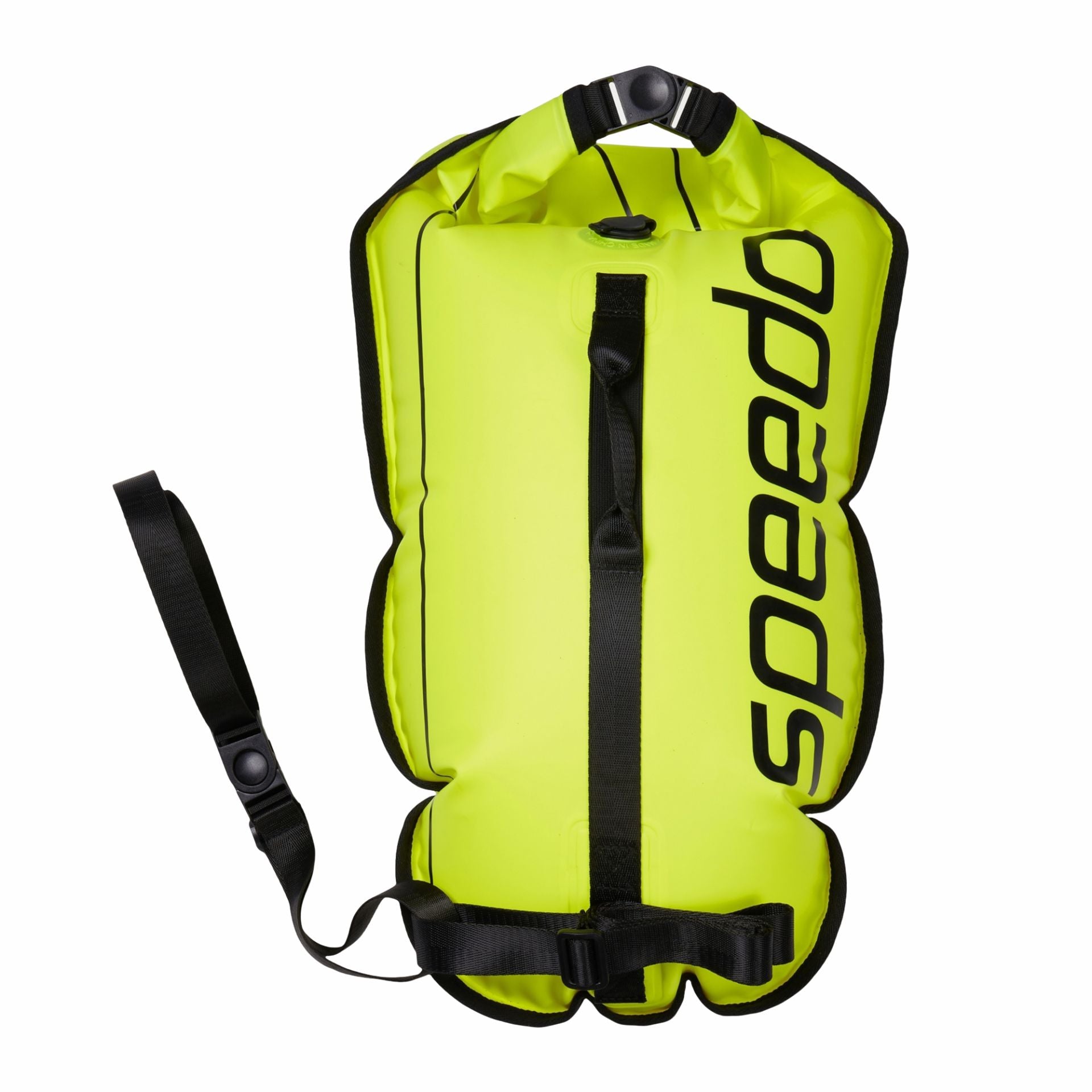 Speedo open water tow float dry bag for sporting goods, featuring bright color and adjustable straps for outdoor swimming safety.