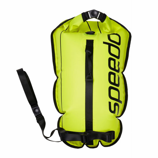 Speedo open water tow float dry bag for sporting goods, featuring a bright orange waterproof design and adjustable strap for swimmers.