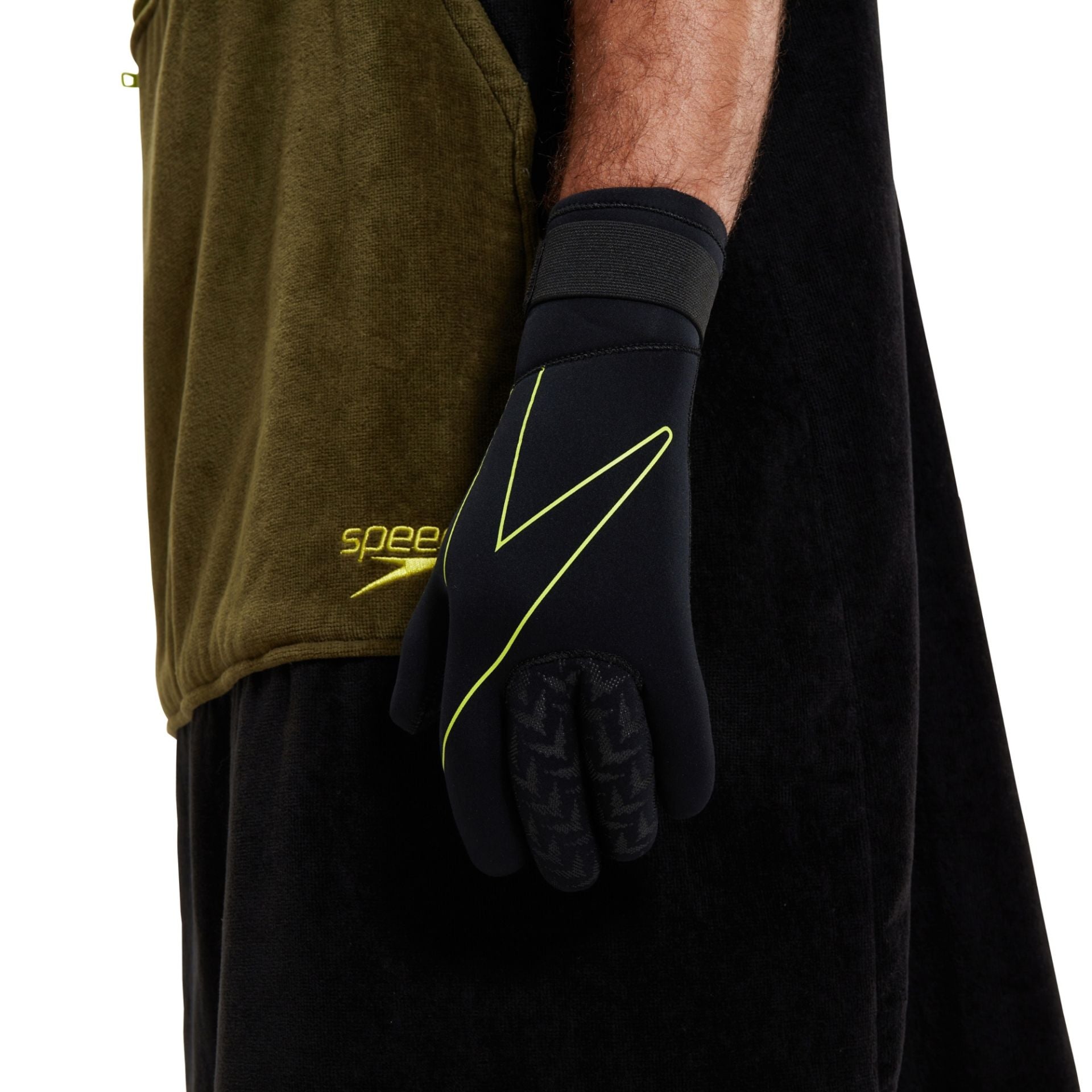 Speedo open water neoprene swim gloves showing textured grip surface and snug fit for cold water swimming.