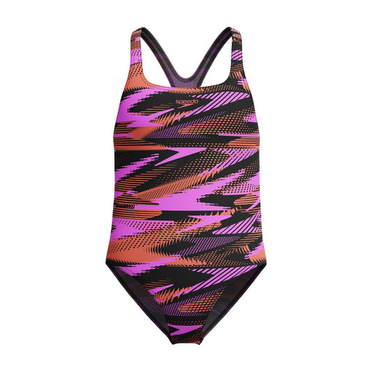 Speedo Hyperboom Allover Medalist junior swimsuit with colorful allover print, designed for competitive swimming.