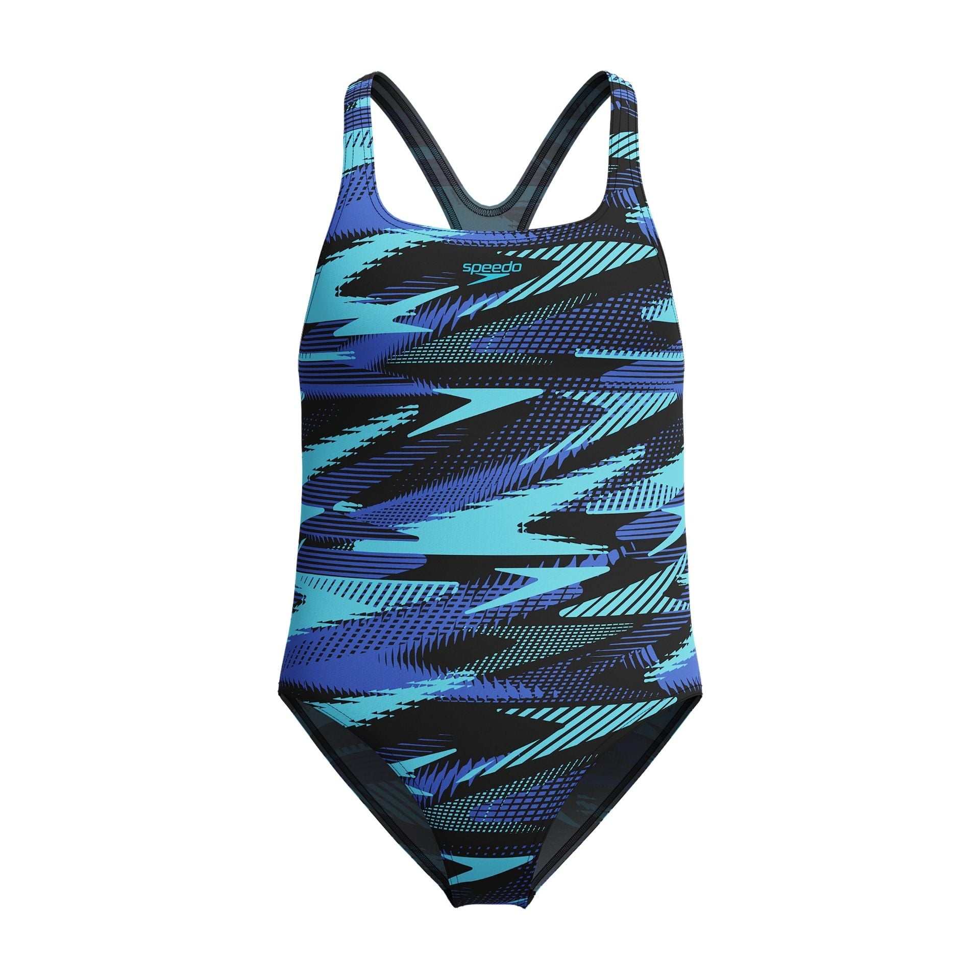 Junior Speedo Hyperboom Allover Medalist swimsuit with colorful pattern, designed for competitive swimming and active water sports.
