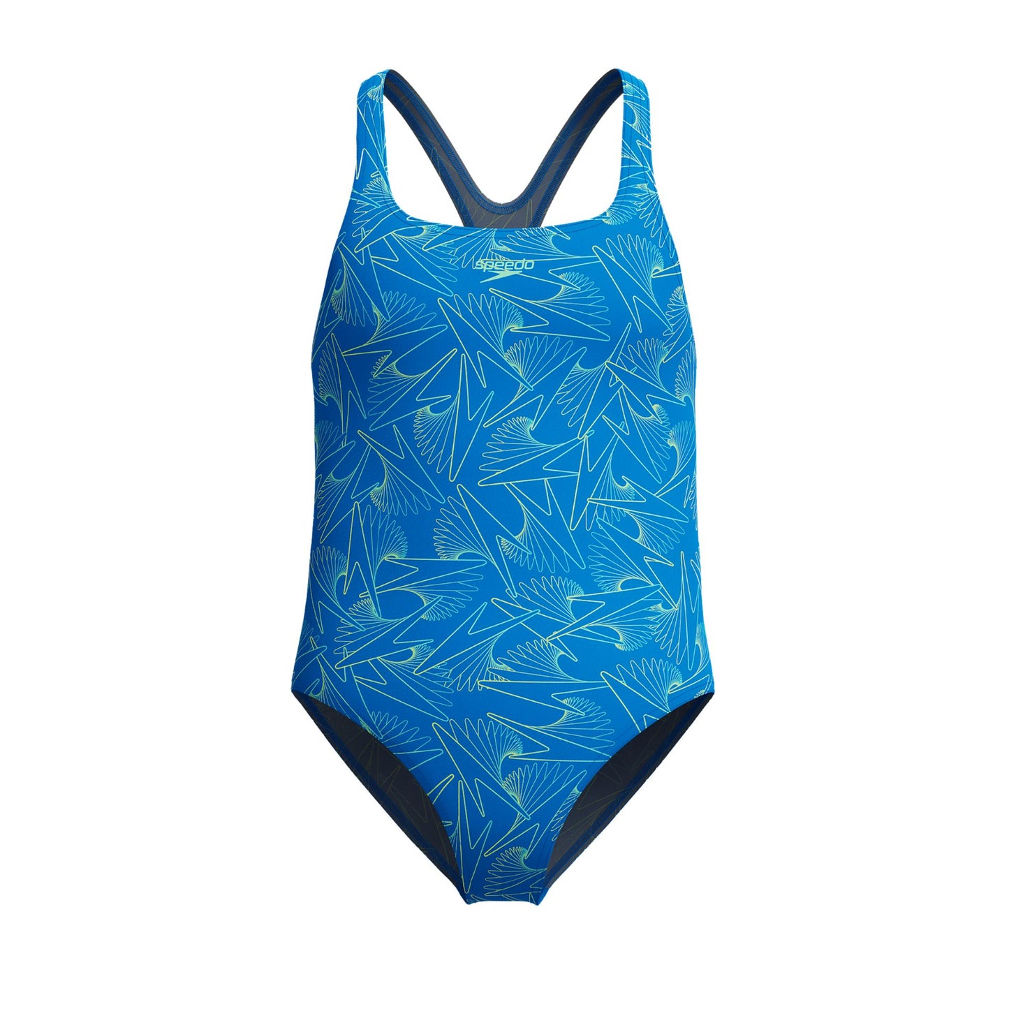 Speedo Hyperboom Allover Medalist Jr. Swimsuit with colorful geometric pattern, designed for junior swimmers.