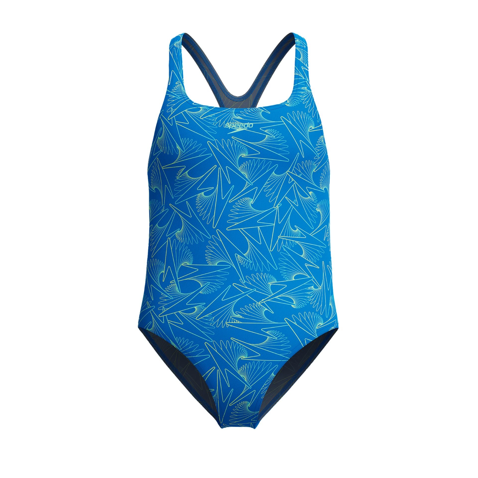 Speedo Hyperboom Allover Medalist junior swimsuit featuring colorful abstract patterns in vibrant shades.