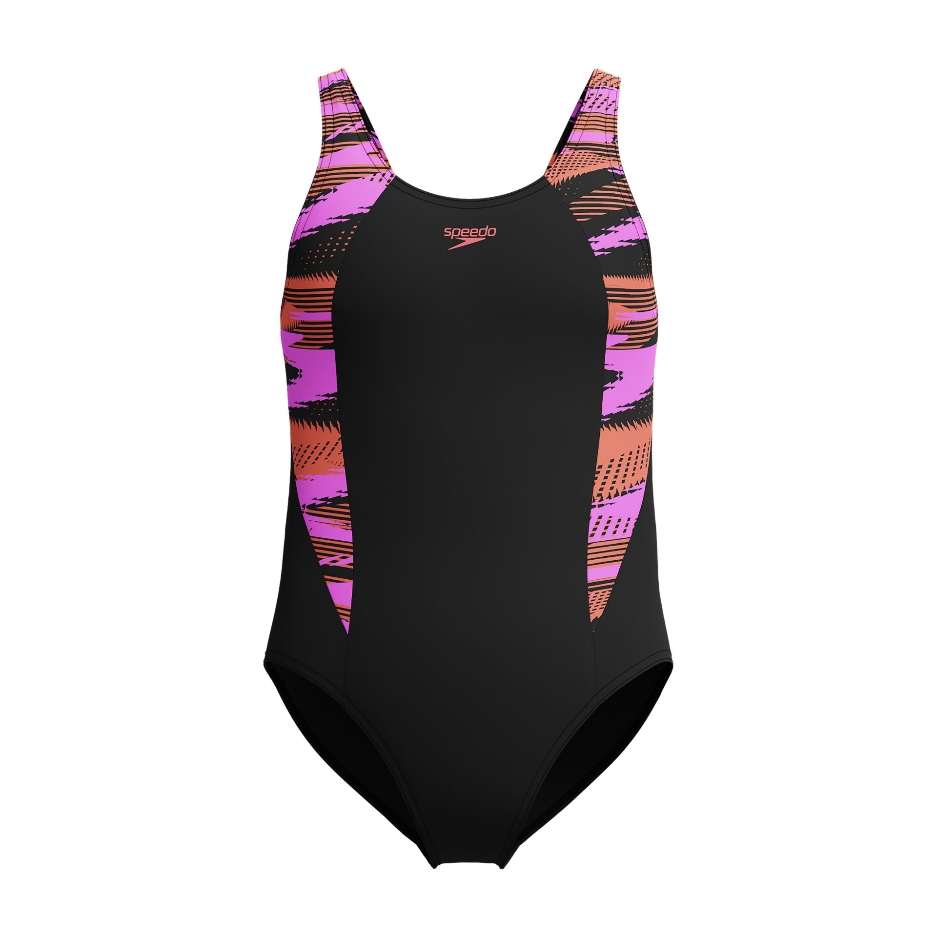 Speedo Hyperboom Splice Muscleback teen swimsuit in vibrant blue and black, featuring sleek design and athletic fit for competitive swimming.