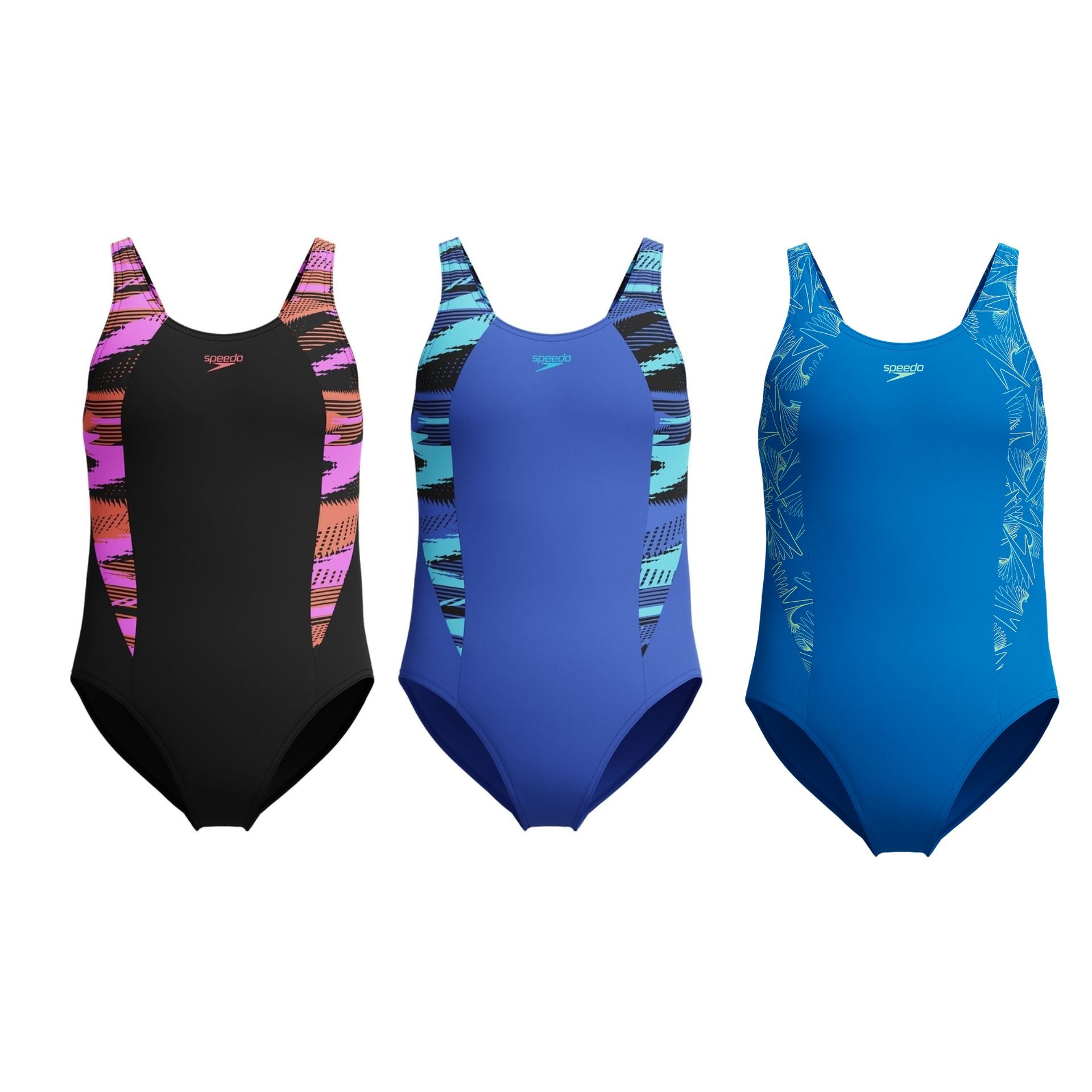 Speedo Hyperboom Splice Muscleback teen swimsuit in vibrant colors, designed for competitive swimming and athletic performance.