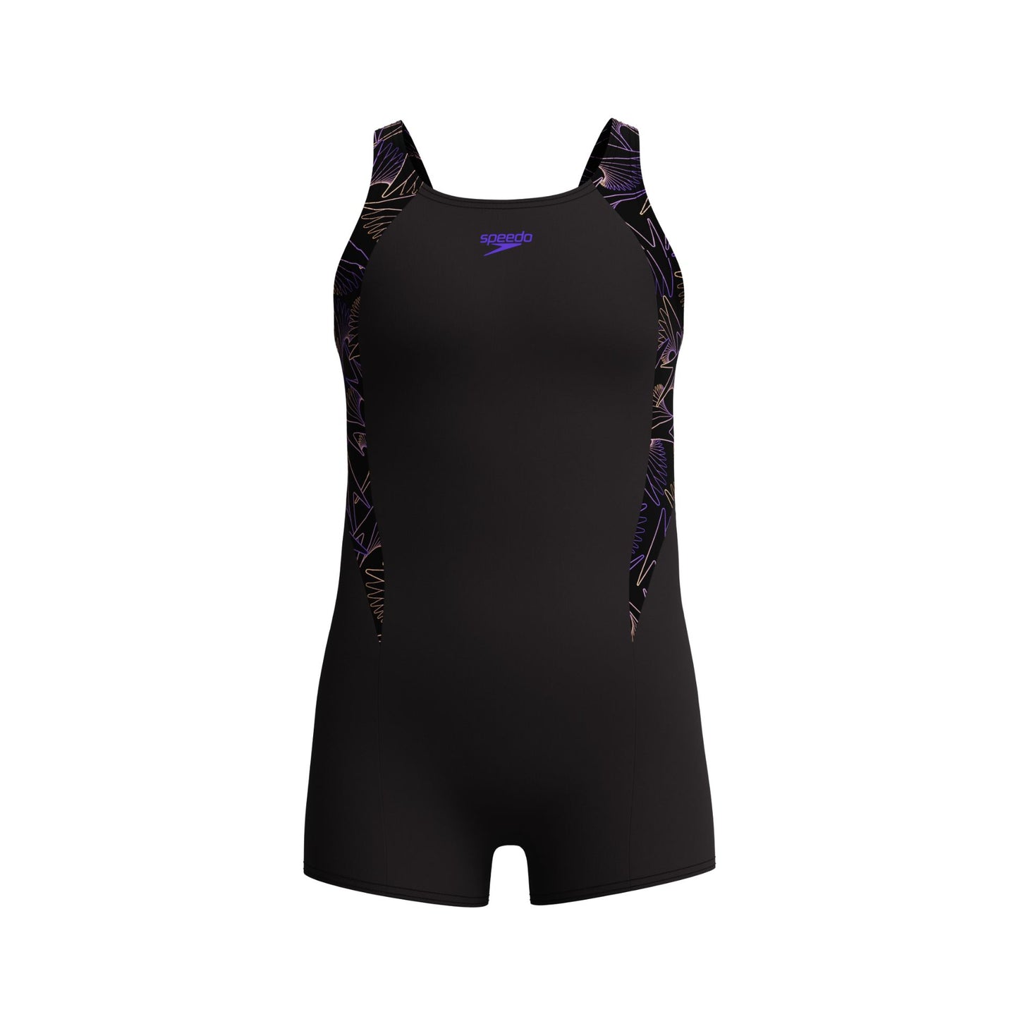 Speedo HyperBoom Splice Junior legsuit for swimming, featuring a colorful splice design and streamlined fit for young athletes.