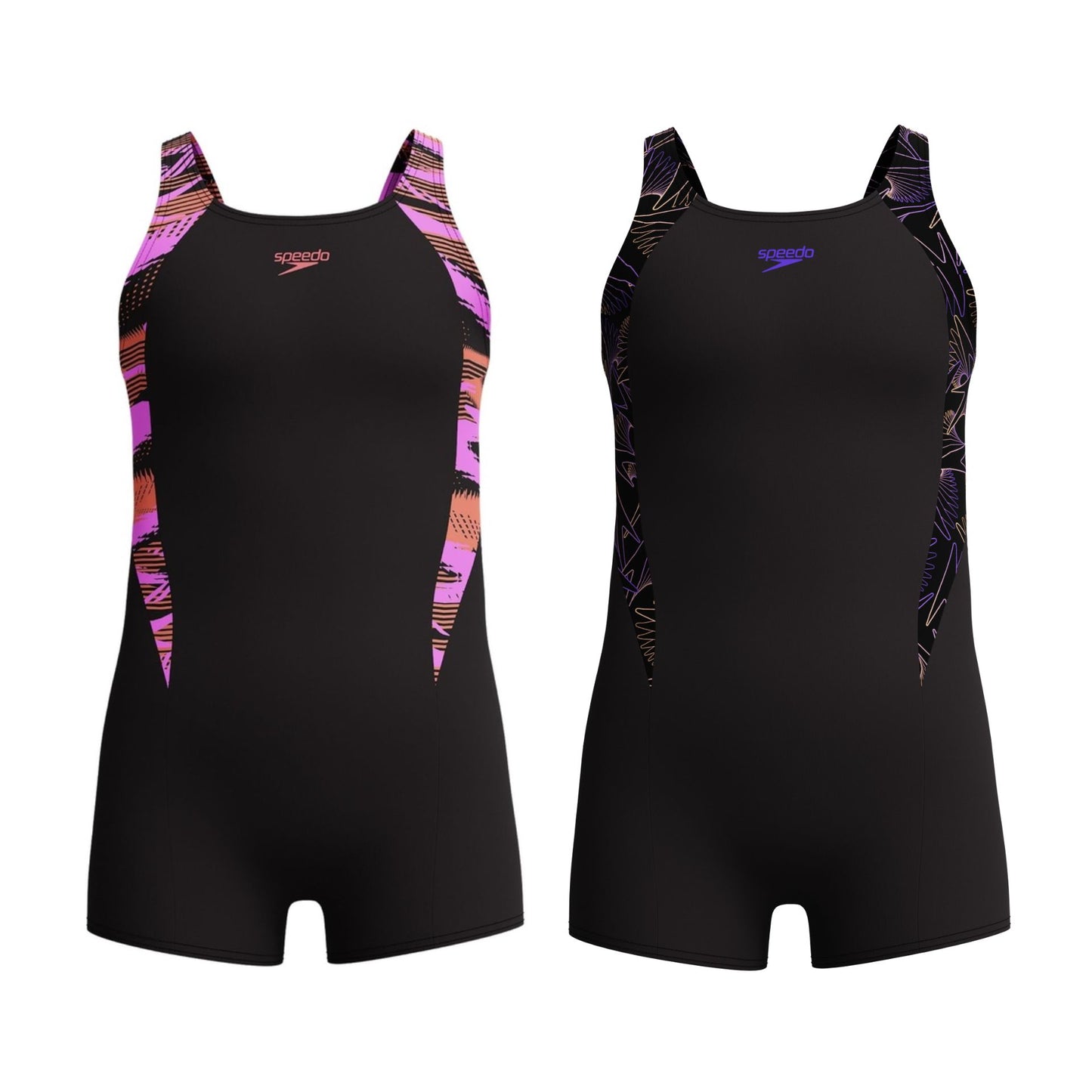 Speedo HyperBoom Splice Junior legsuit for swimming, showcasing a colorful, fitted design with Speedo branding and sleek fabric.