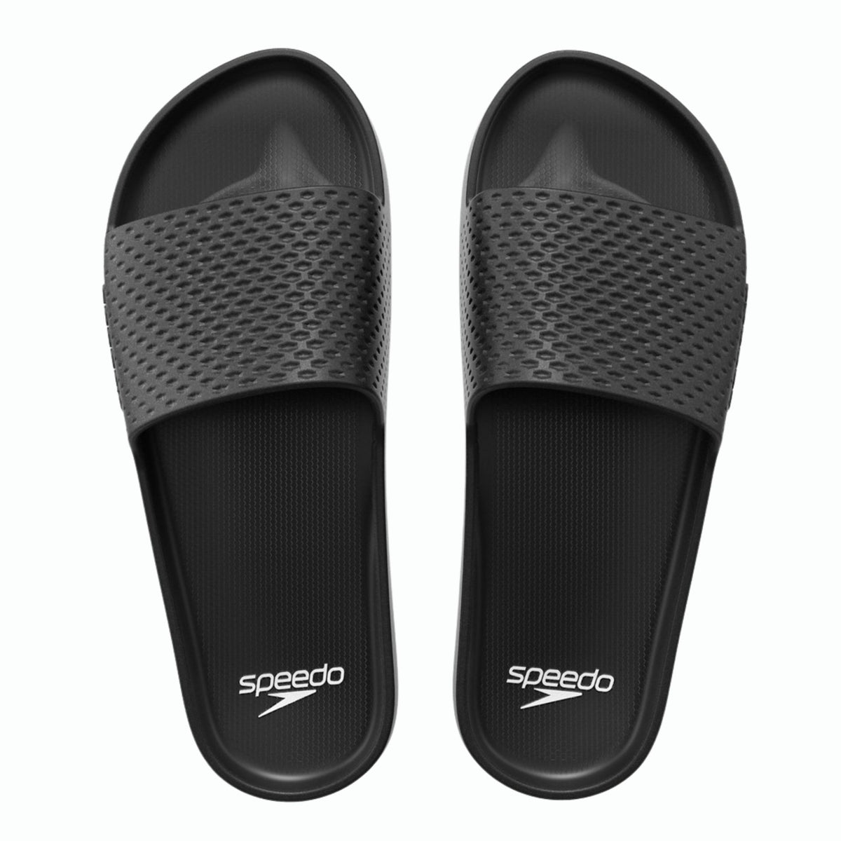 Speedo Essential Slides in black and white with open-toe design, casual slip-on sports footwear for men and women.