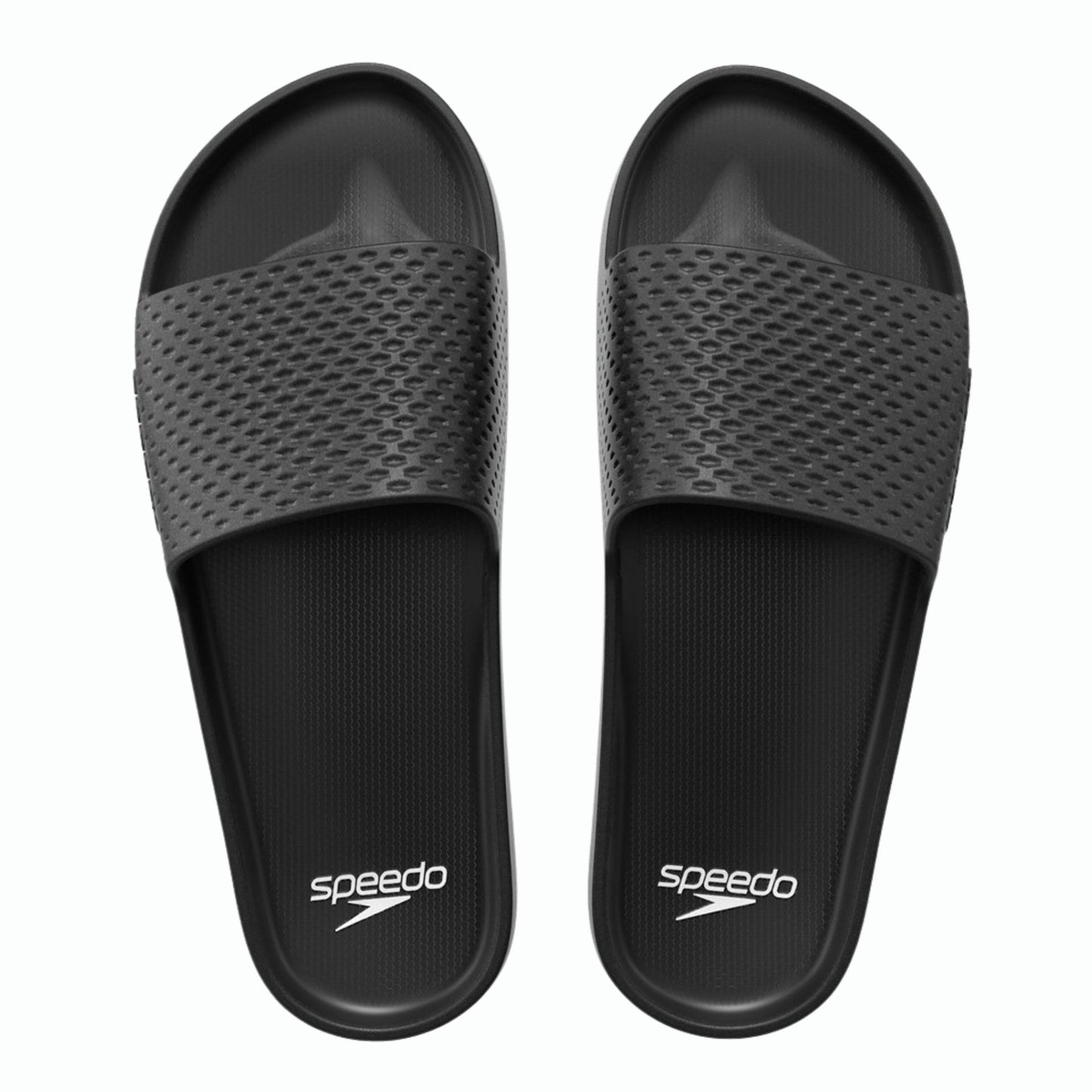 Speedo Essential Slides in black and gray, slip-on sport sandals with cushioned soles for comfortable casual or poolside wear.
