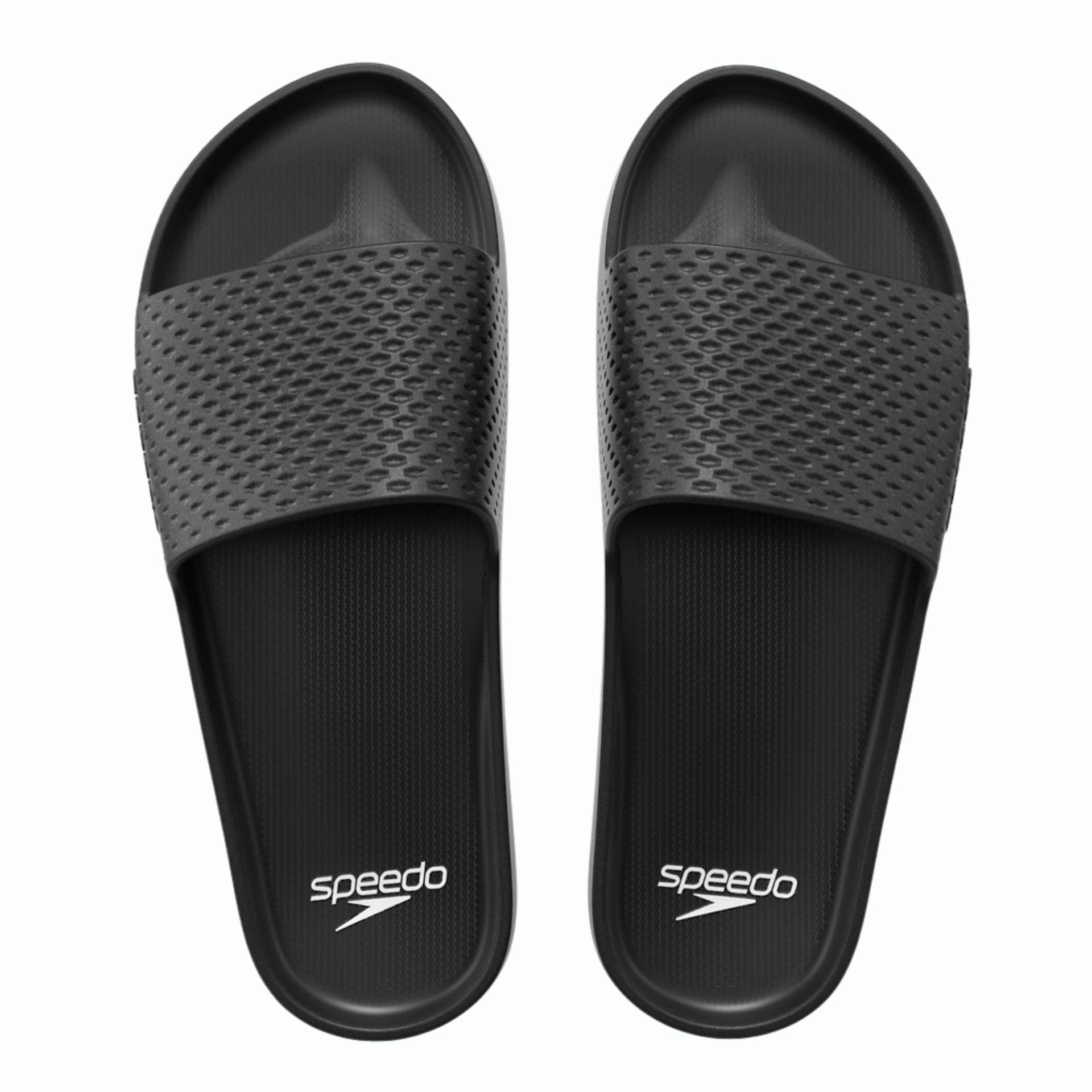 Speedo Essential Slides in black with cushioned straps and textured soles, perfect for sports and casual wear.