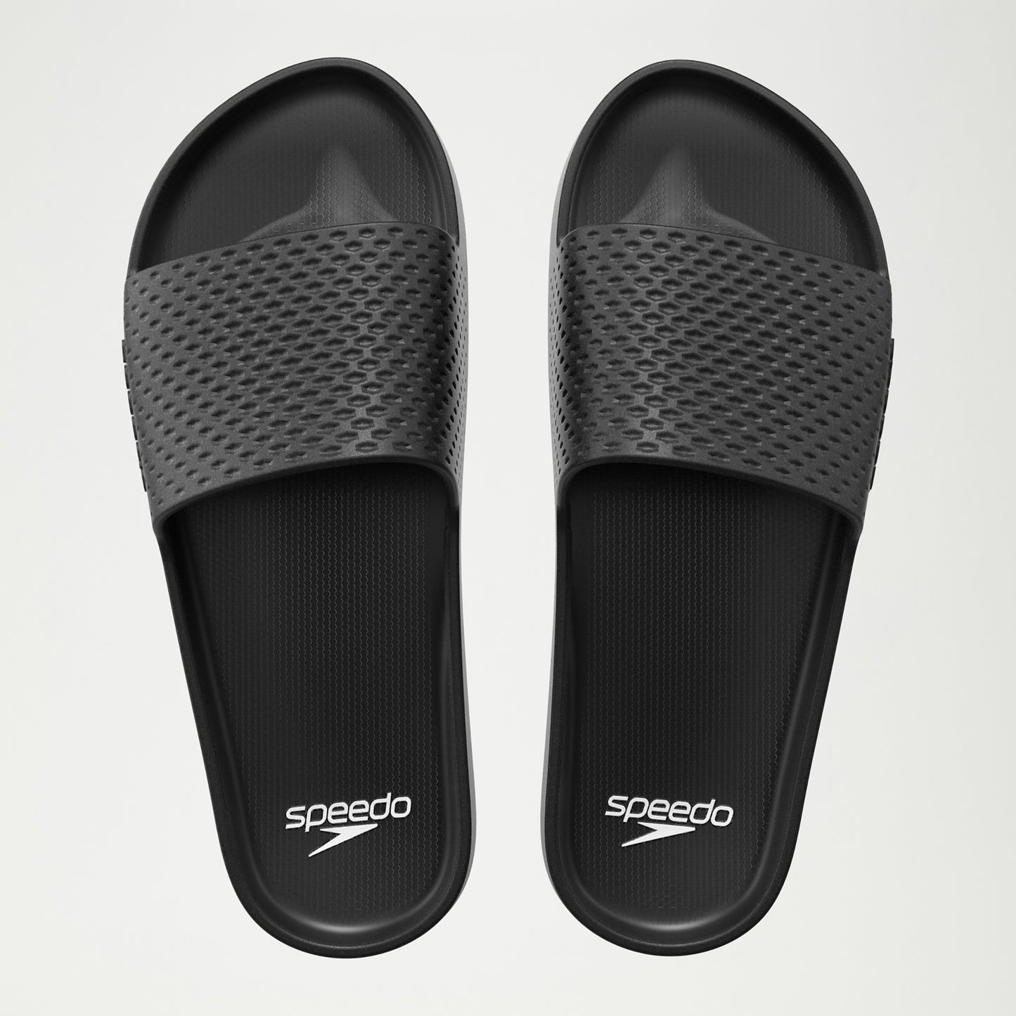 Speedo Essential Slides in black and grey, casual slip-on sandals with cushioned straps, perfect for sports and leisure activities.