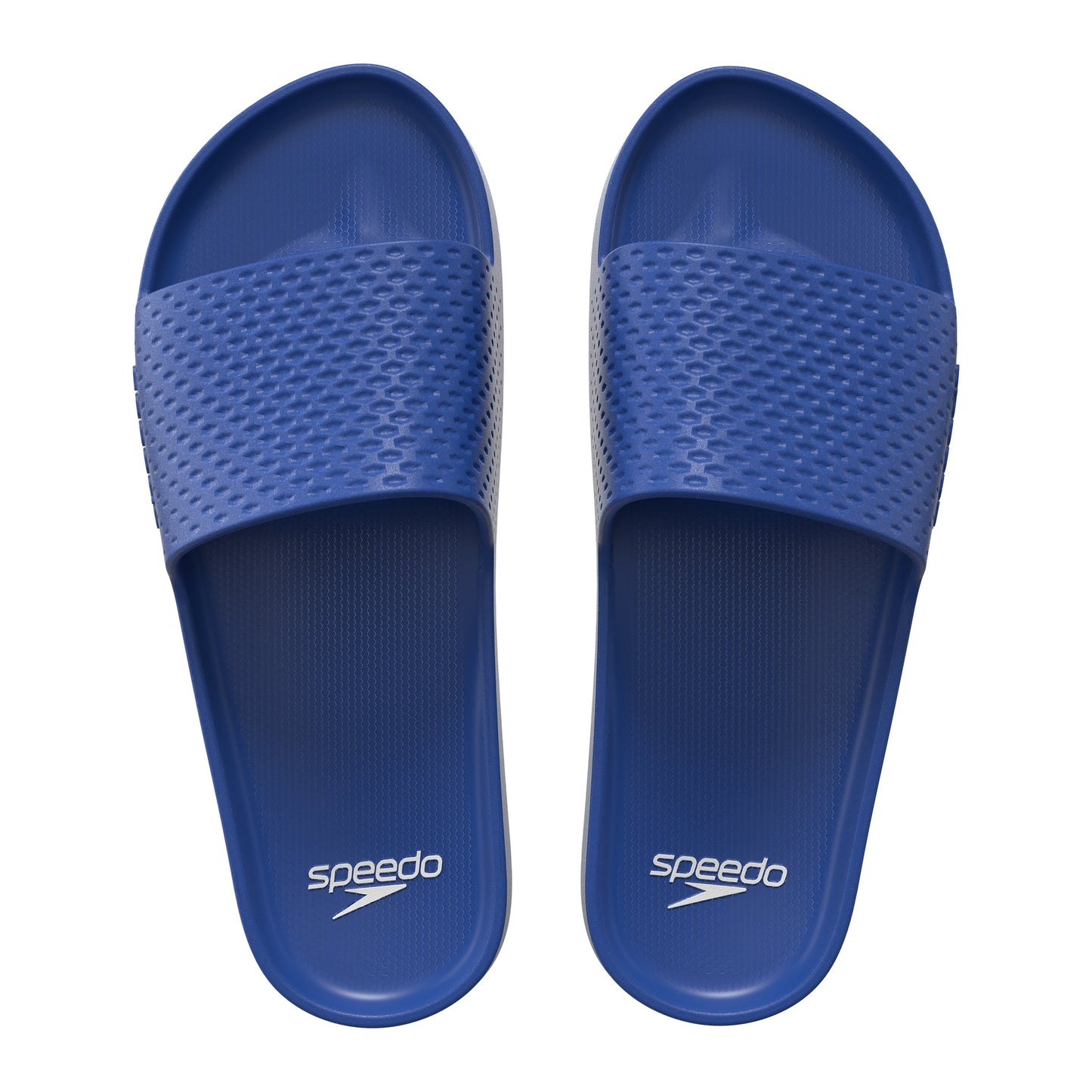 Speedo Essential Slides in black and white, sporty slip-on sandals with cushioned soles for comfortable casual wear.