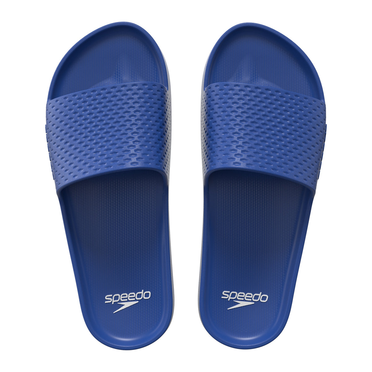 Speedo Essential Slides in black and white, sporty slip-on sandals with cushioned soles for comfortable casual wear.