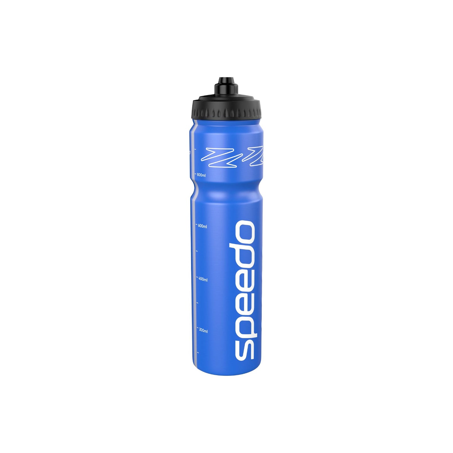 Speedo 1L water bottle for sports, with a clear plastic body and blue screw cap, ideal for hydration during workouts.