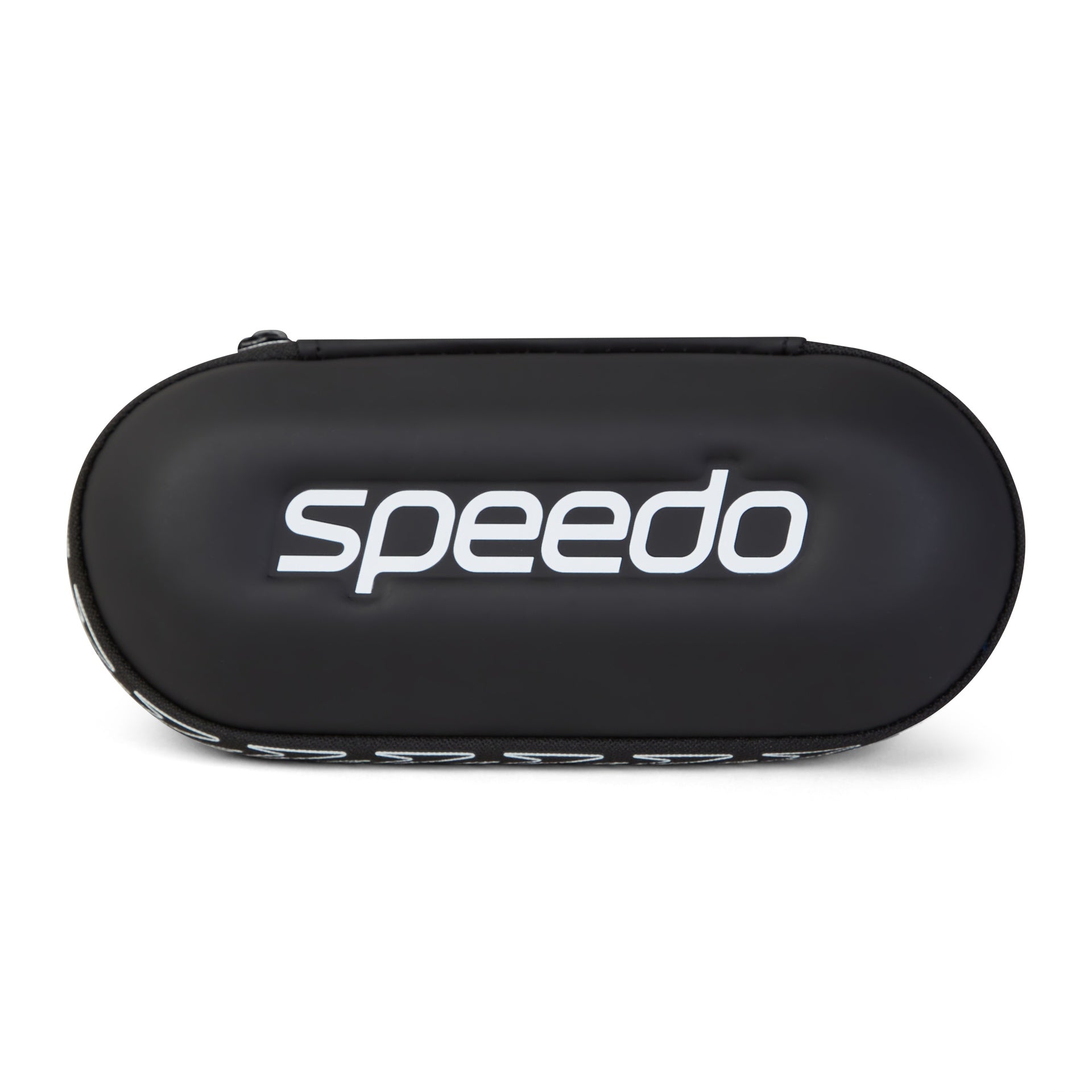 Speedo goggles storage case in black with clear lid, designed for protecting and organizing swimming goggles.