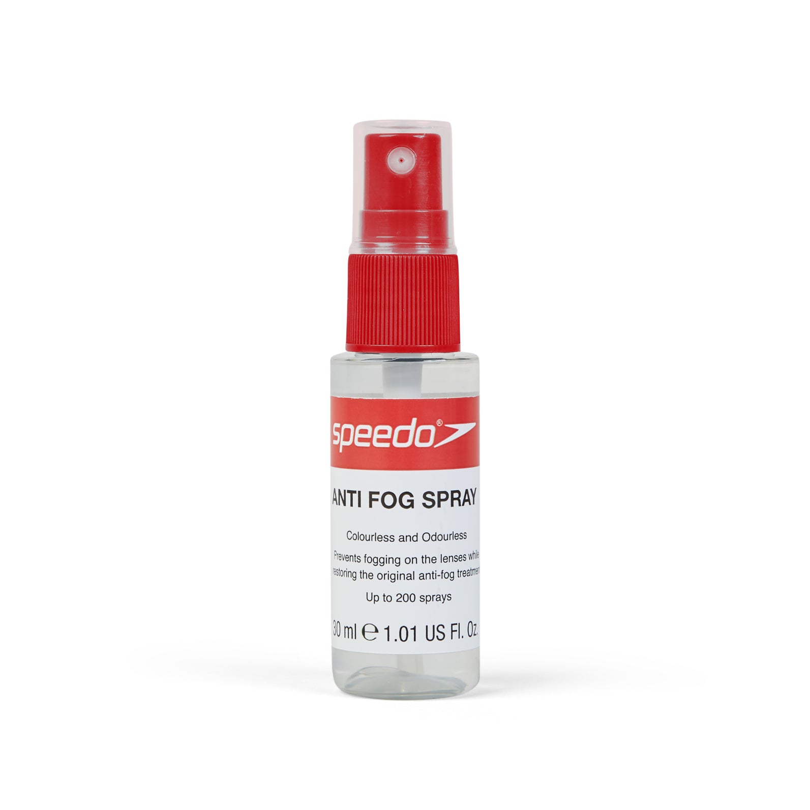Speedo anti-fog spray bottle for sports goggles, with clear label and nozzle for easy application during water sports.