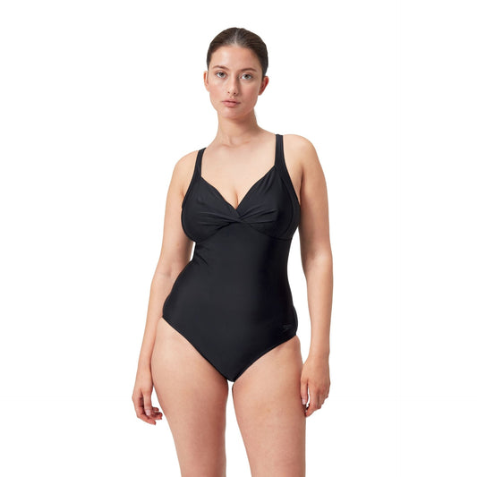 Speedo Cross Knot Shaping 1-Piece Swimsuit for women, featuring a stylish design with a cross knot detail and supportive fit.