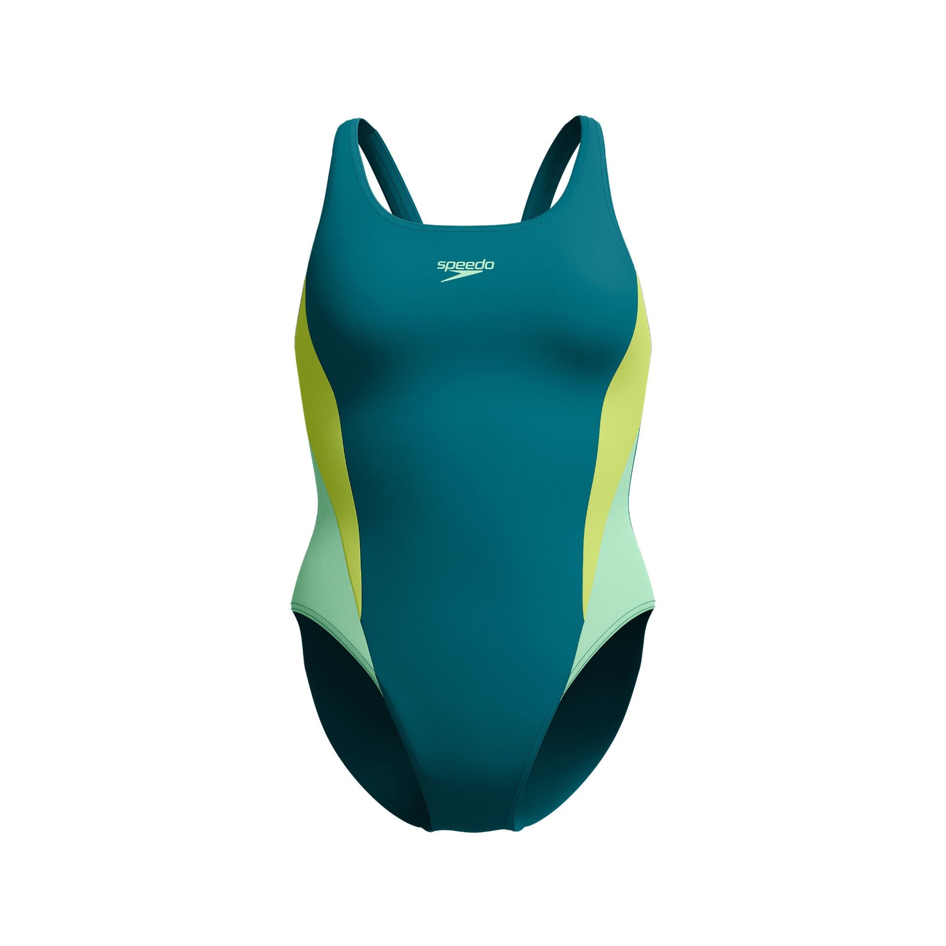 Speedo Colourblock 2.0 swimsuit in vibrant colors, designed for swimming and athletic activities, showing the front view of the swimsuit
