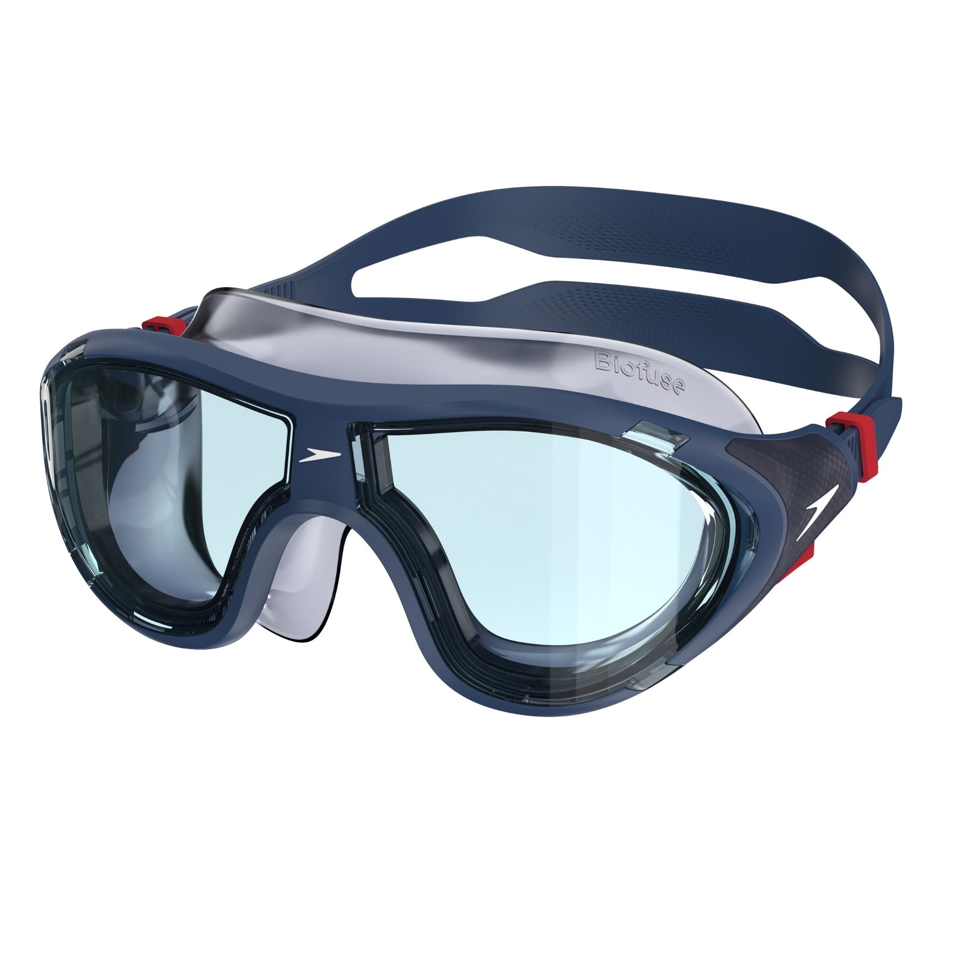 Speedo Biofuse 2.0 swimming mask with soft silicone seal and adjustable strap, designed for comfortable water sports use.