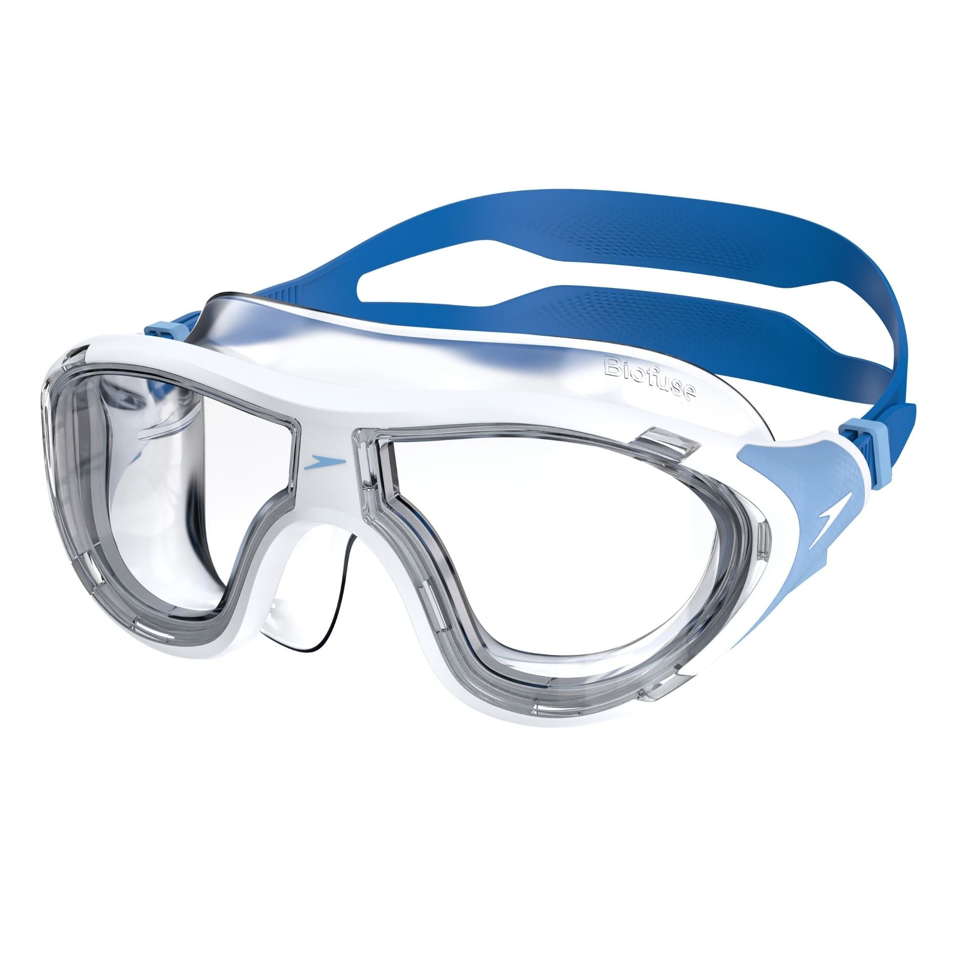 Speedo Biofuse 2.0 swimming mask with adjustable straps and clear lens for comfortable aquatic activity.