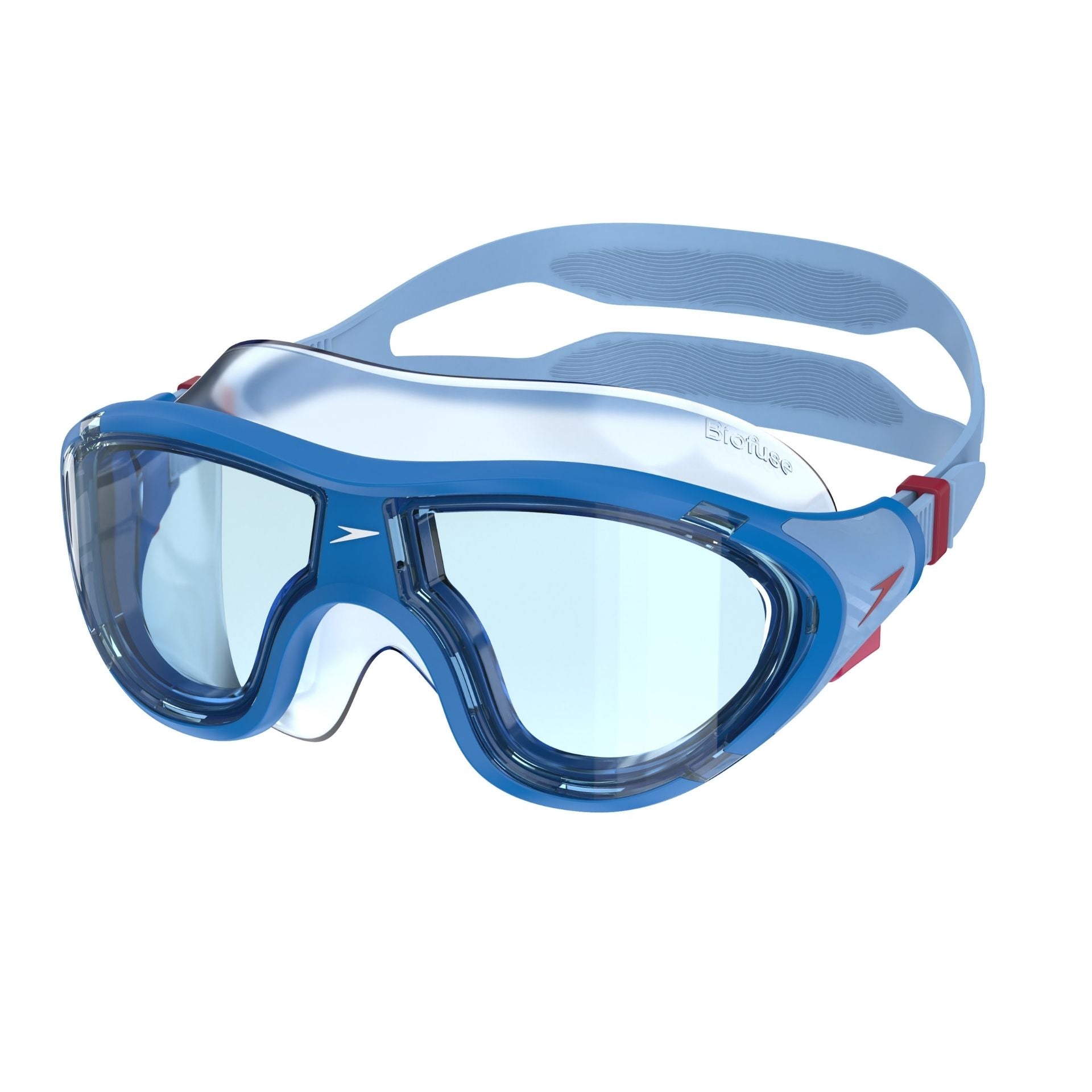 Speedo Biofuse 2.0 swimming mask with clear lens and adjustable strap, designed for comfortable fit and optimal underwater visibility.