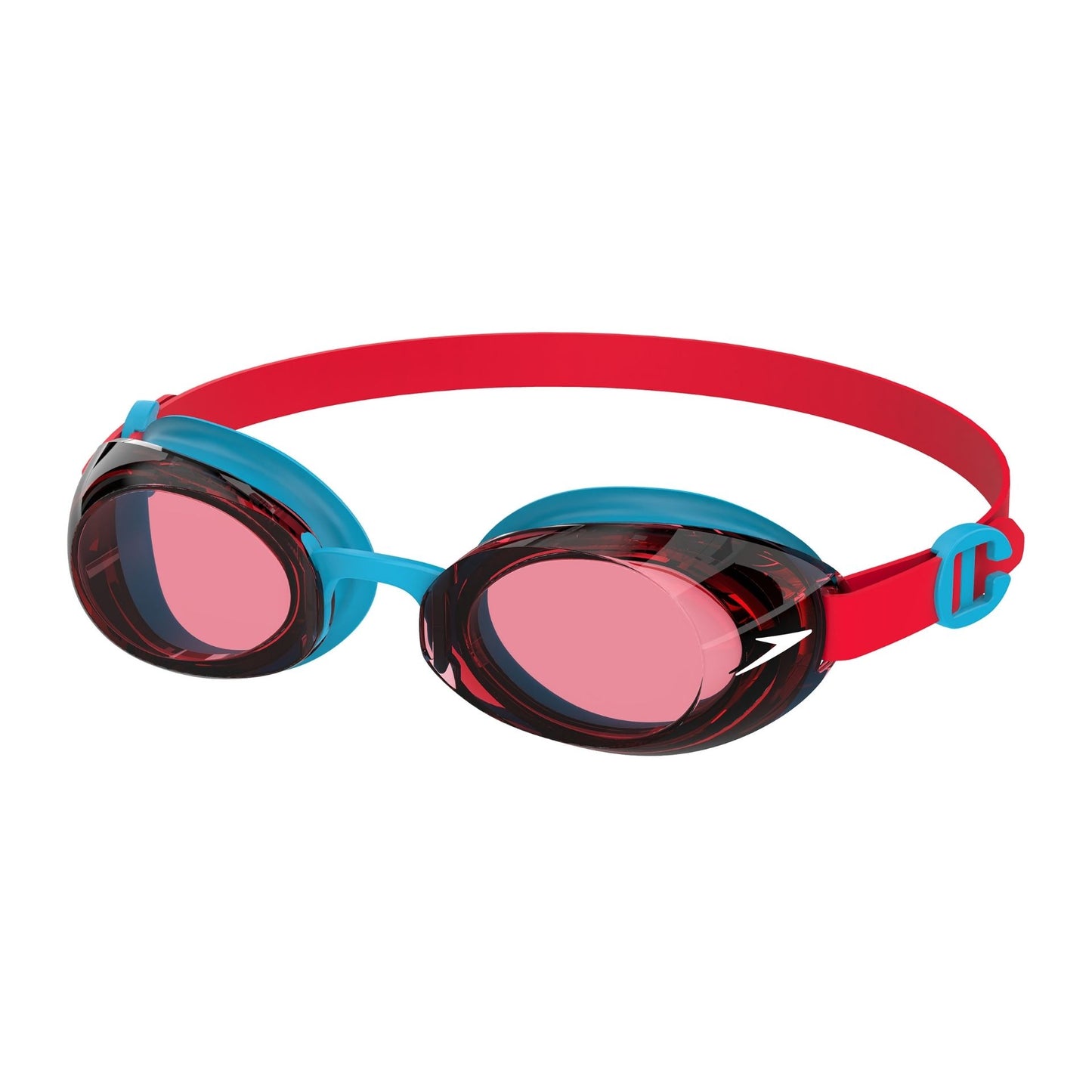 Speedo Jet 2.0 Junior goggles for swimming, featuring clear lenses and blue adjustable straps in a sporting goods setting.