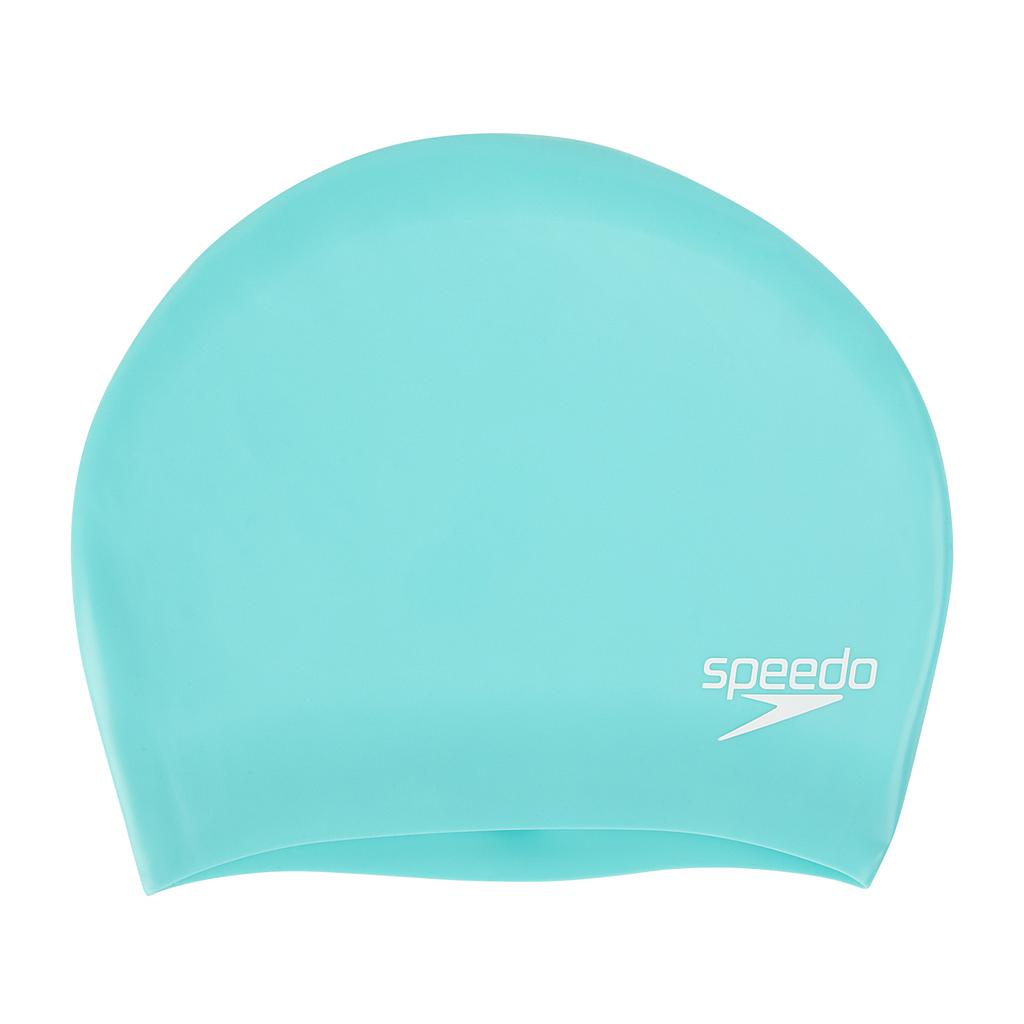Speedo long hair silicone swim cap, black, smooth fit designed for extended hair protection during swimming.