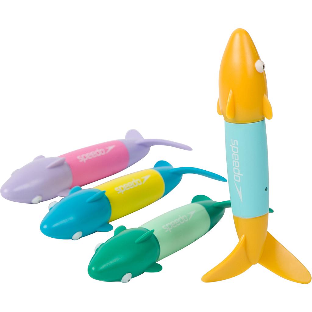 Speedo Spinning Dive Sticks for swimming training, featuring bright colors and durable plastic construction.