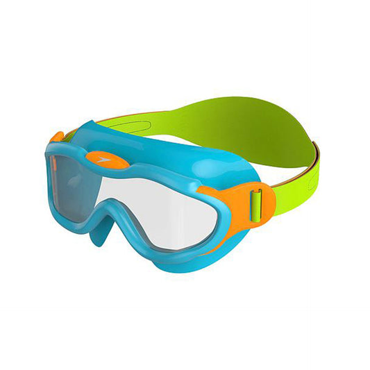 Speedo Biofuse infant swim mask showing clear lenses and adjustable strap, designed for young children’s swimming safety and comfort.