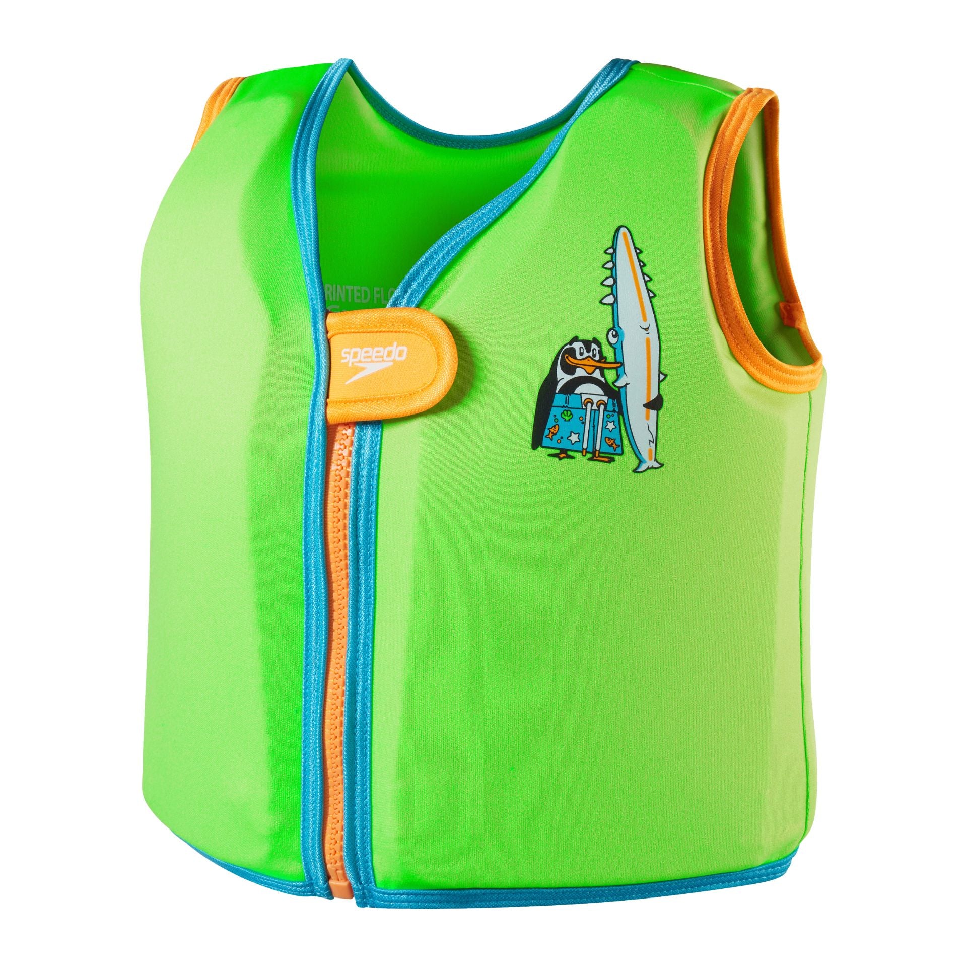 Speedo printed float vest for infants with colorful design, made of lightweight, breathable material for swimming safety.