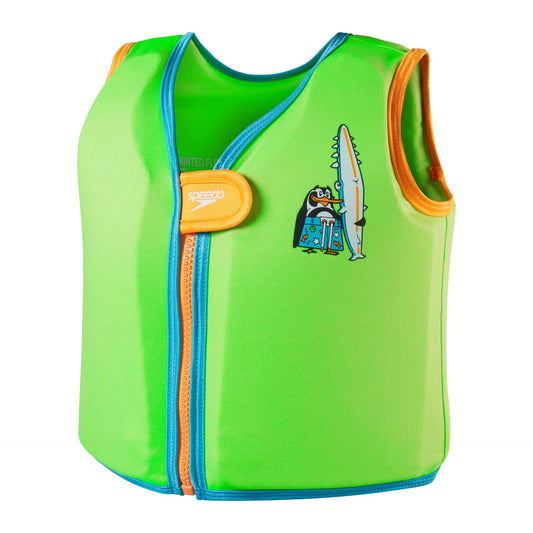 Speedo printed float vest for infants with colorful design, made of lightweight, breathable material for swimming safety.