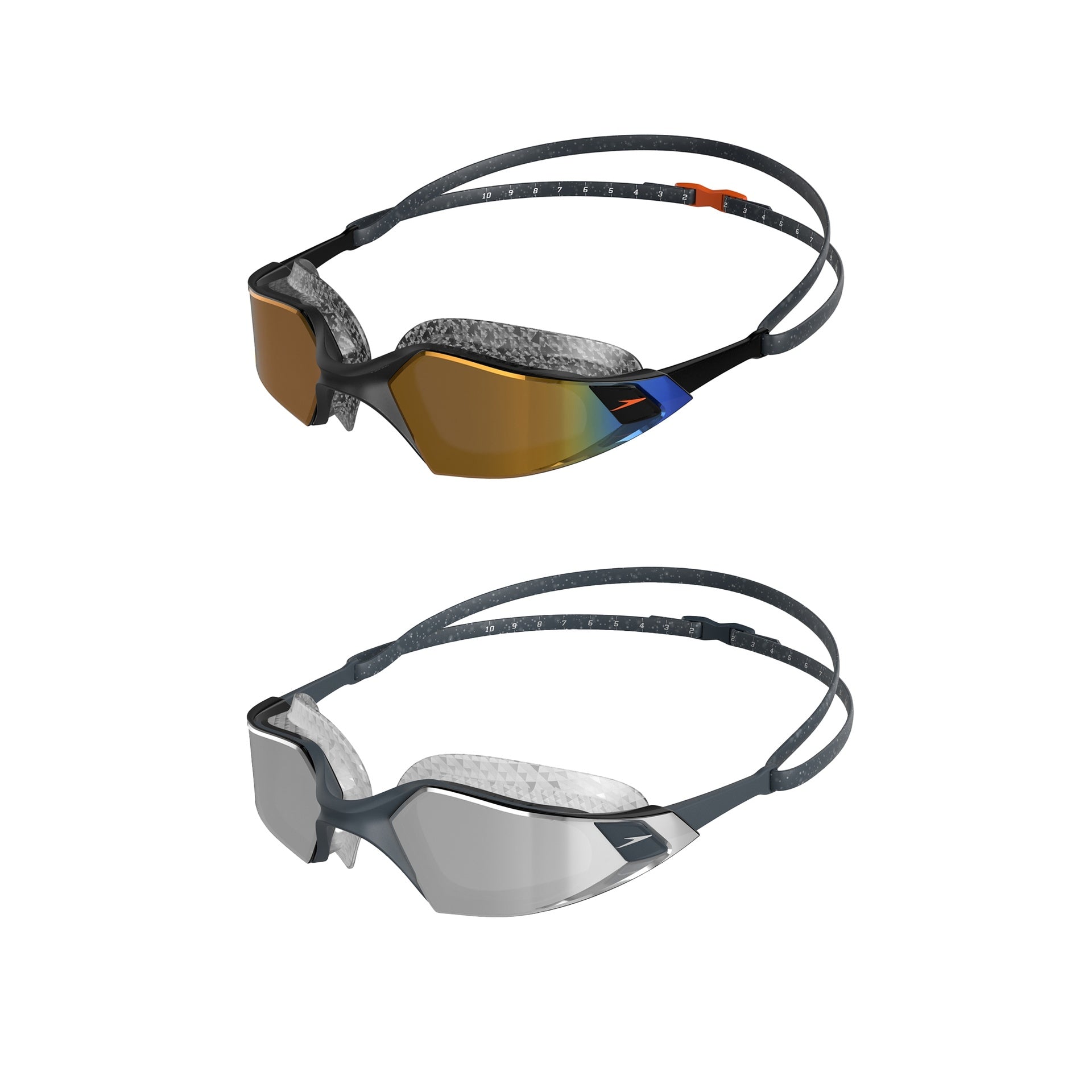 Speedo Aquapulse Pro mirror goggles for swimming with reflective lenses and adjustable strap, ideal for competitive swimming.