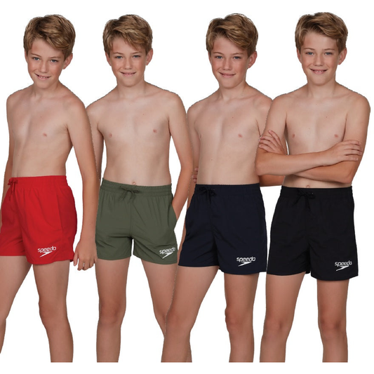 Speedo Essential 13-inch junior watershorts in navy with white accents, featuring elastic waistband and quick-dry fabric for swimming.