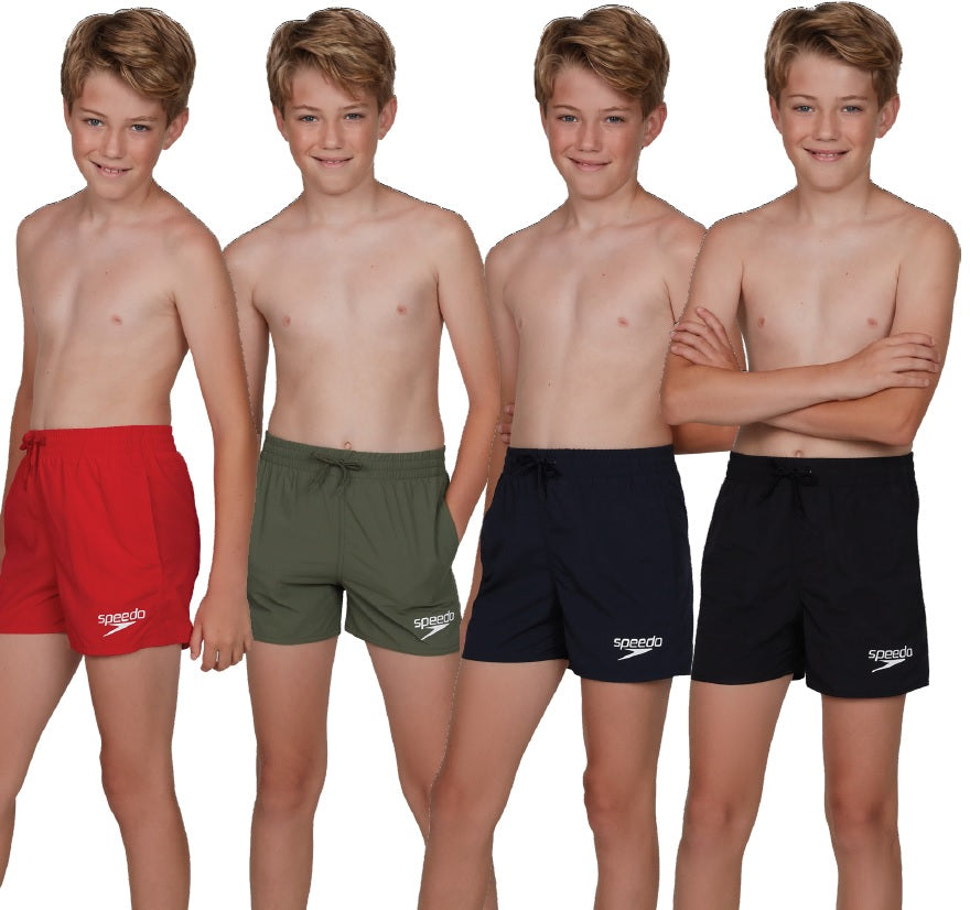 Speedo Essential 13-inch junior watershorts in navy blue with white side stripes, made for swimming and water sports.