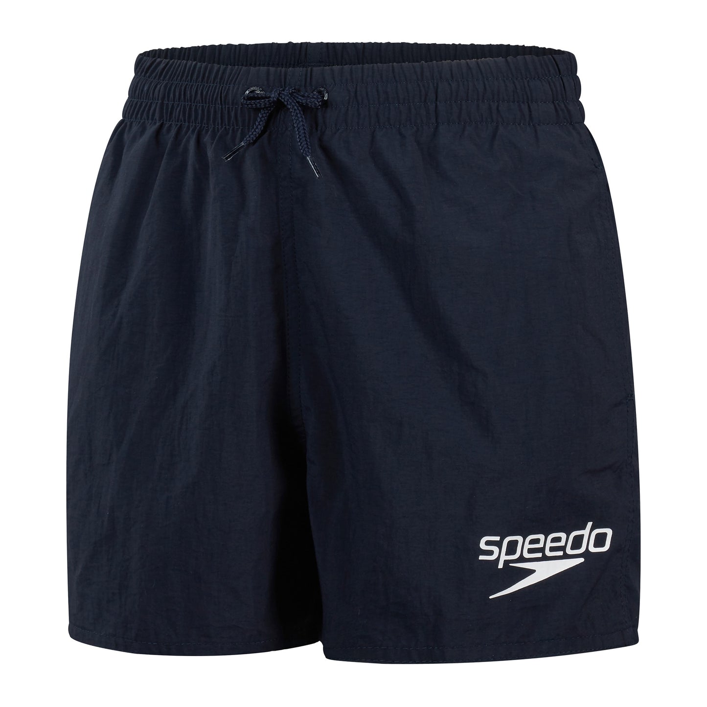 Speedo Essential 13-inch watershorts for teens, black athletic swim trunks with adjustable waistband and Speedo logo.