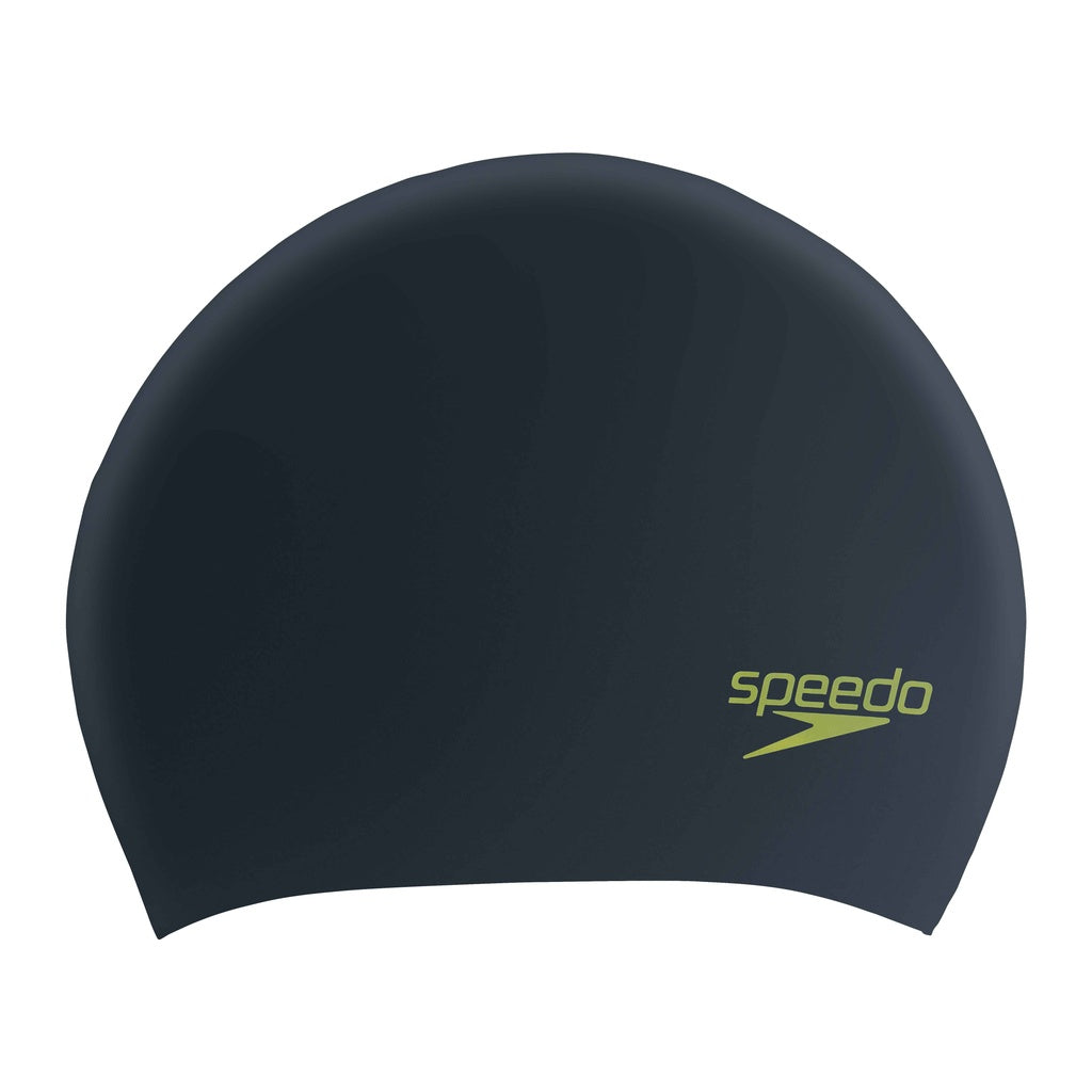 Speedo long hair silicone swimming cap for juniors, designed for comfortable fit and durability for young swimmers.