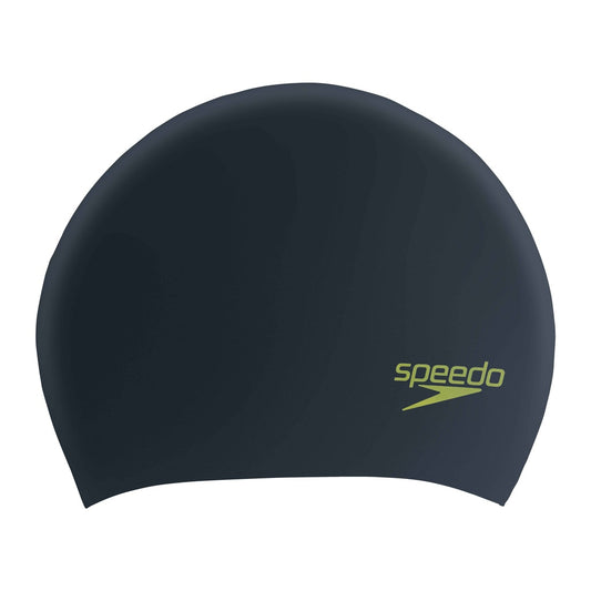 Speedo long hair silicone swim cap for juniors, designed for comfortable fit and durability during swimming activities.