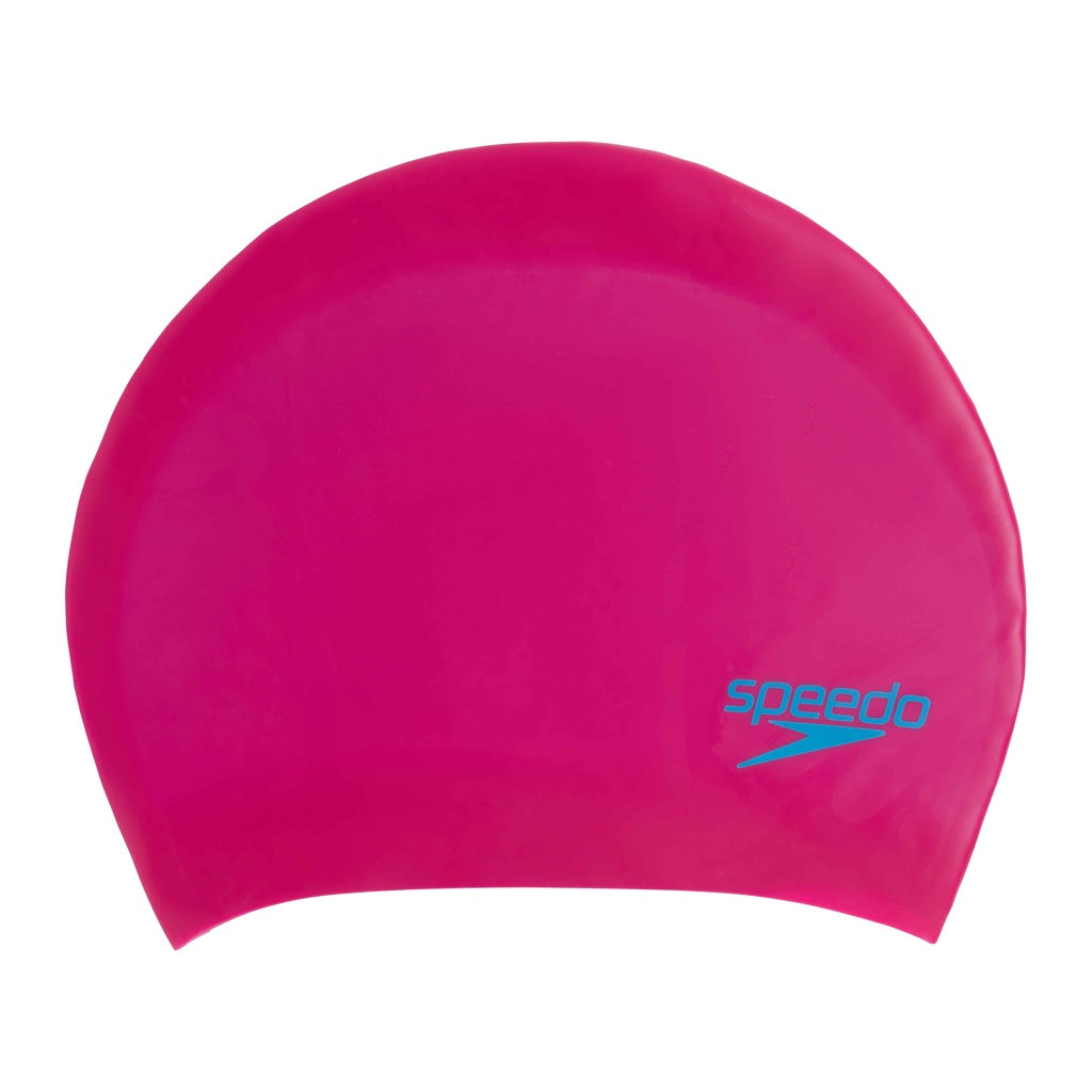 Speedo long hair silicone swim cap for juniors, designed for comfortable fit and waterproof protection during swimming.