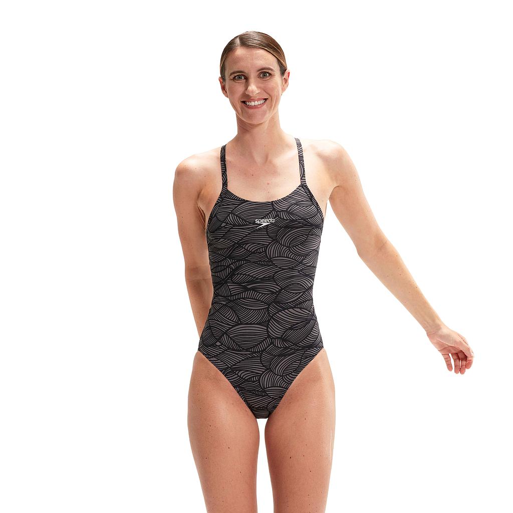 Speedo allover fixed crossback swimsuit for women, featuring a vibrant pattern and supportive design for swimming activities.