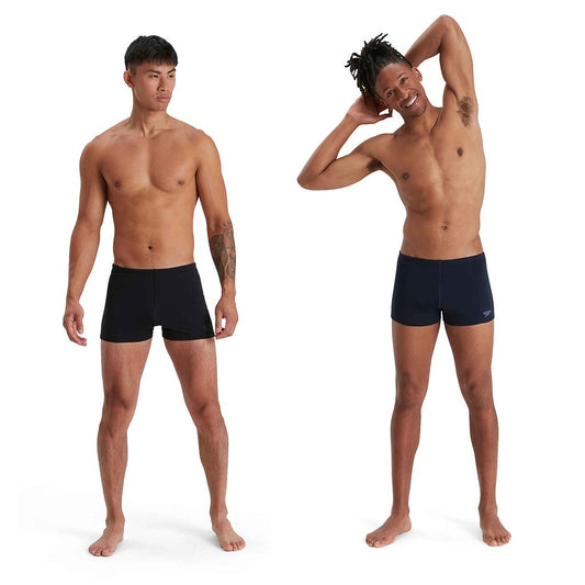 Speedo ECO Endurance+ aquashort in black with blue accents, designed for competitive swimming and durable performance.