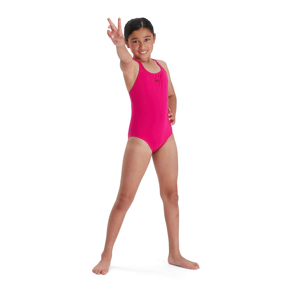 Speedo ECO Endurance+ Medalist junior swimsuit in navy with pink accents, designed for competitive swimming and durability.