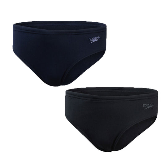 Speedo Endurance+ 6.5cm teen swim brief in navy with bright orange side panels, designed for competitive swimming.