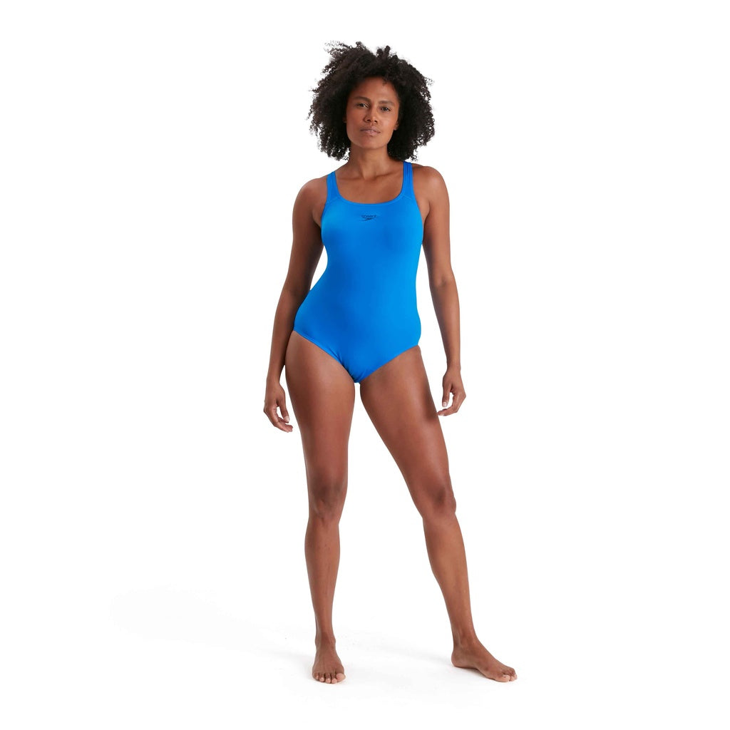 Speedo Eco Endurance+ Medalist swimsuit for women, in navy with pink accents, featuring a sleek, form-fitting design for swimming.