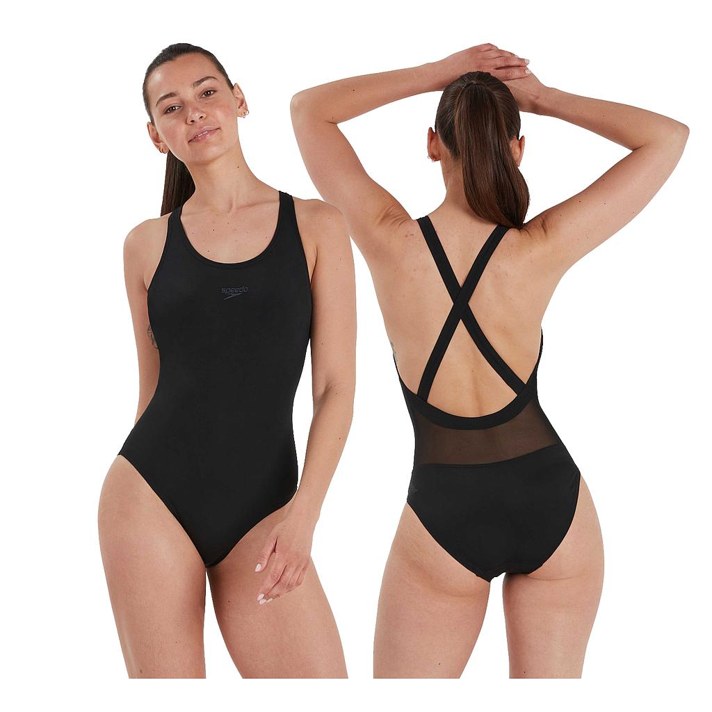 Speedo Eco Endurance+ Power swimsuit for women, featuring a sleek design in black and blue with supportive straps.