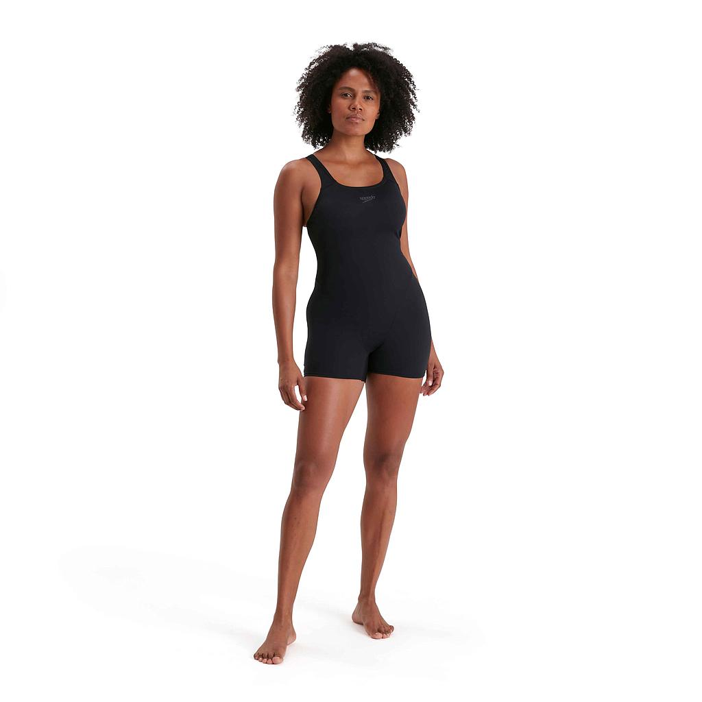 Speedo Eco Endurance+ legsuit for swimming, close-up of sleek black and blue design, athletic fit for competitive swimmers.