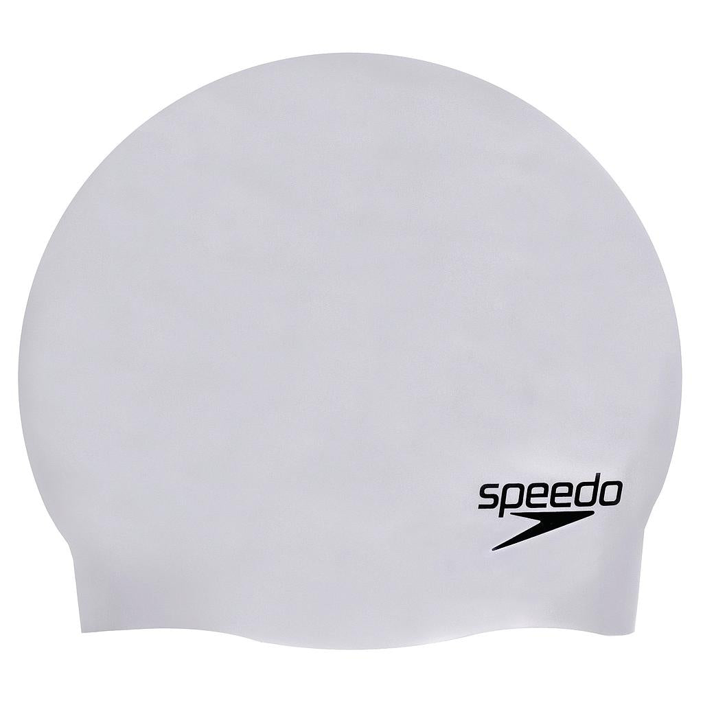 Speedo moulded silicone swim cap in vibrant blue, designed for comfortable fit and durability during swimming activities.
