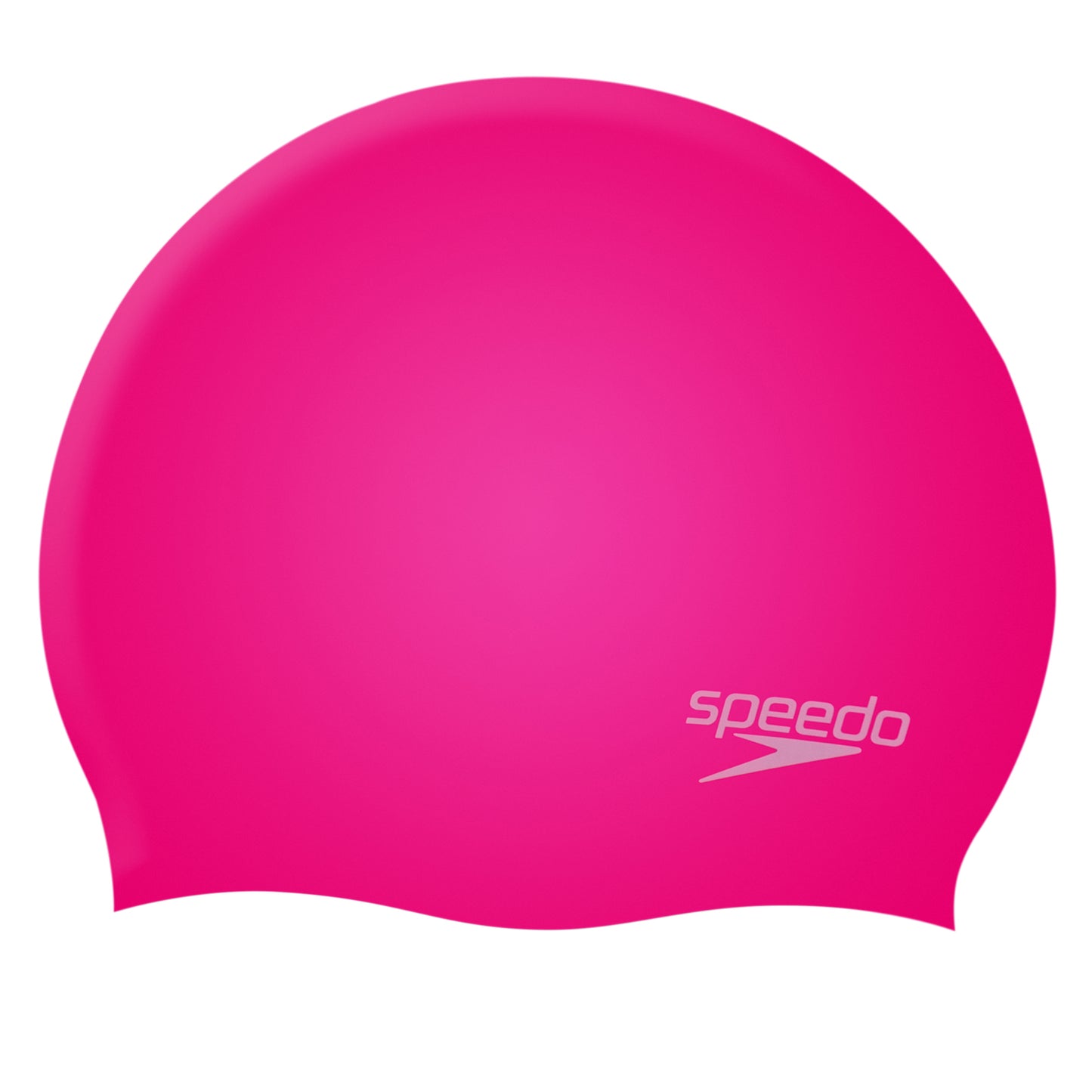 Speedo molded silicone swim cap with smooth, snug fit, designed for comfortable swimming and reduced drag.