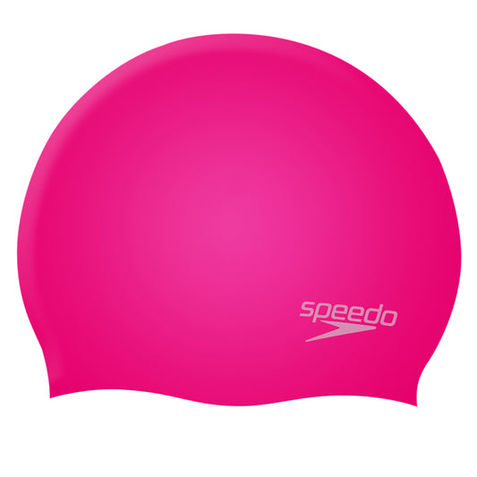 Speedo molded silicone swim cap with smooth, snug fit, designed for comfortable swimming and reduced drag.